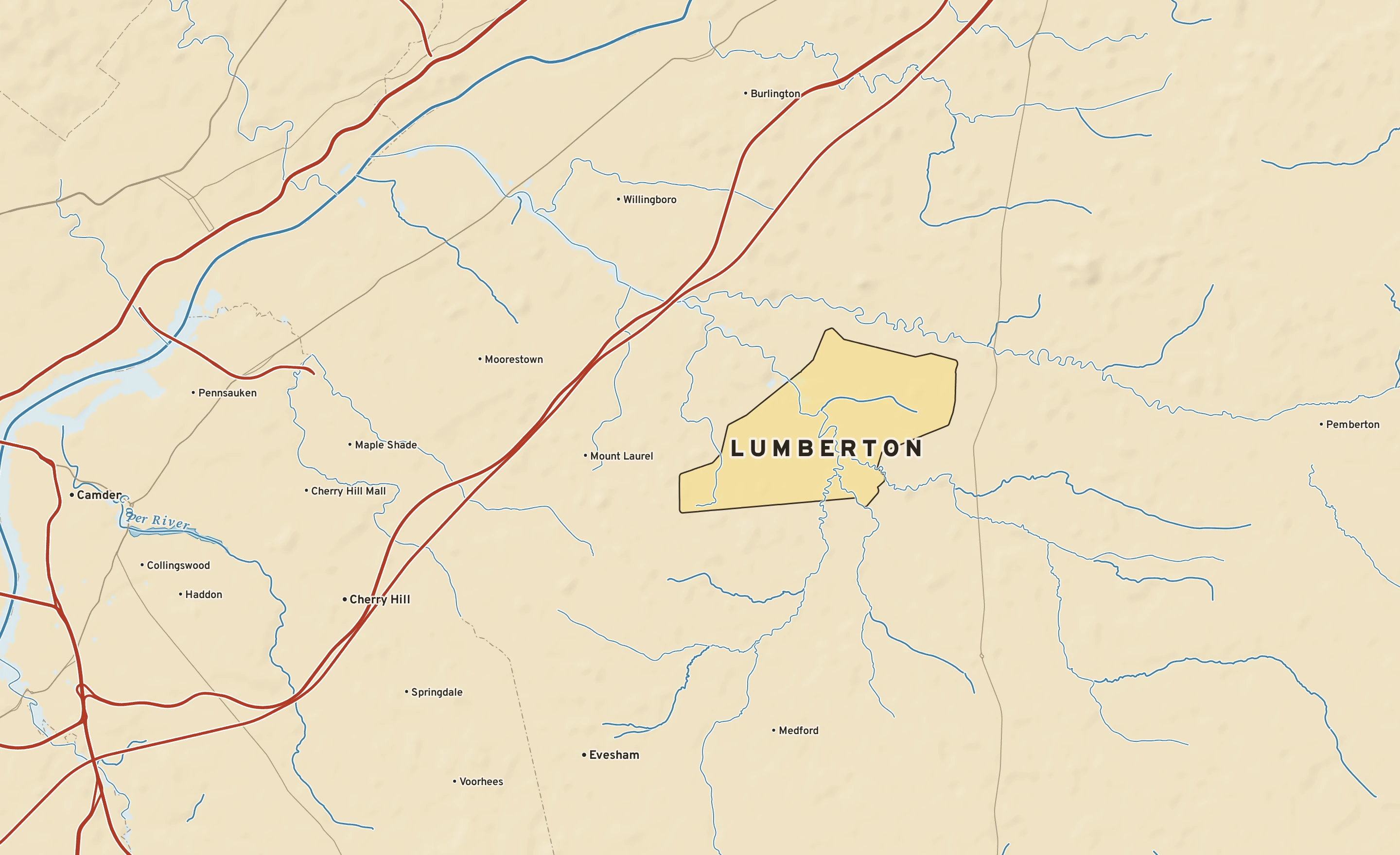Shaded-relief atlas plate of Lumberton, New Jersey: rivers, roads, the city limits and where the water drains.
