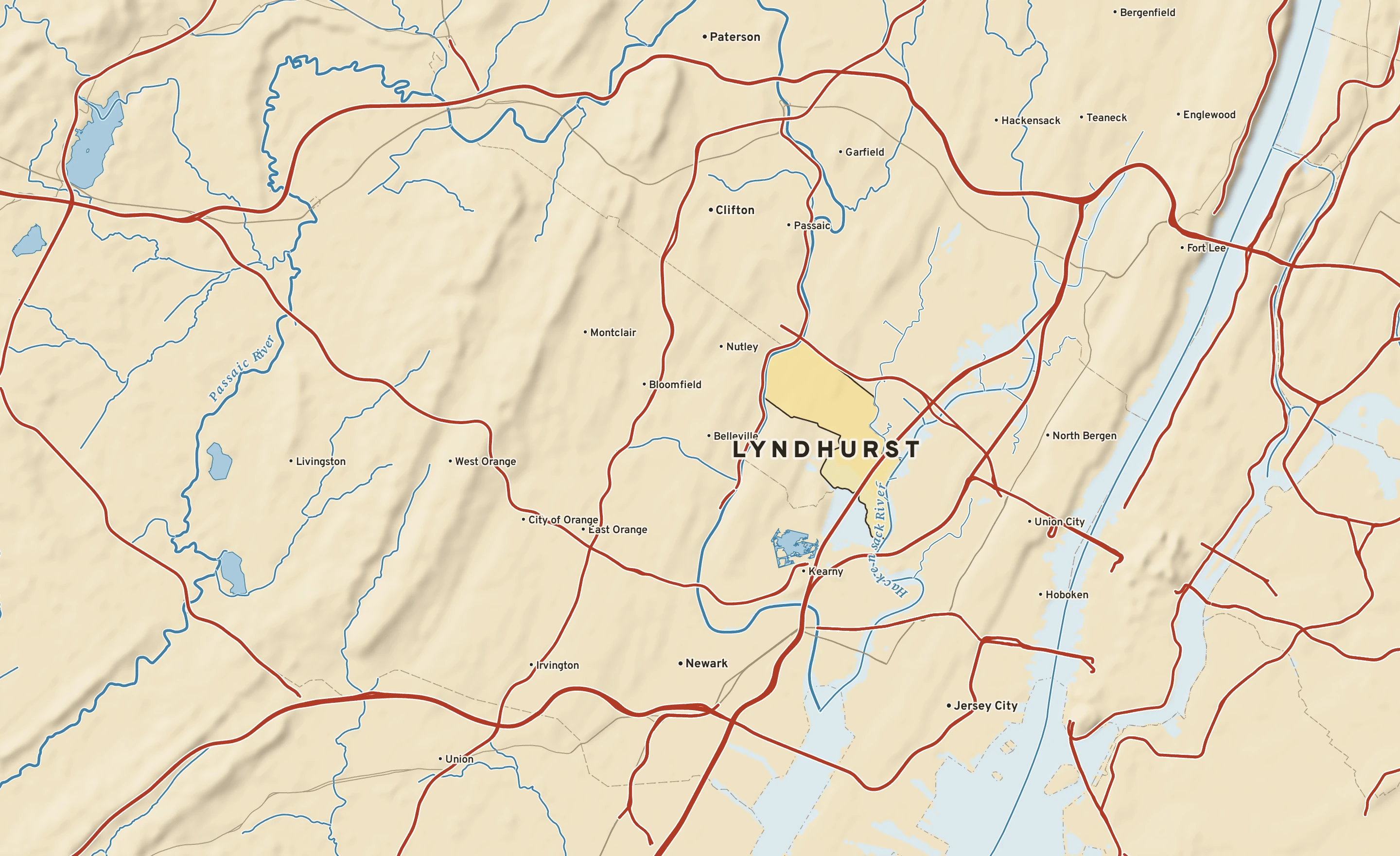 Shaded-relief atlas plate of Lyndhurst, New Jersey: rivers, roads, the city limits and where the water drains.