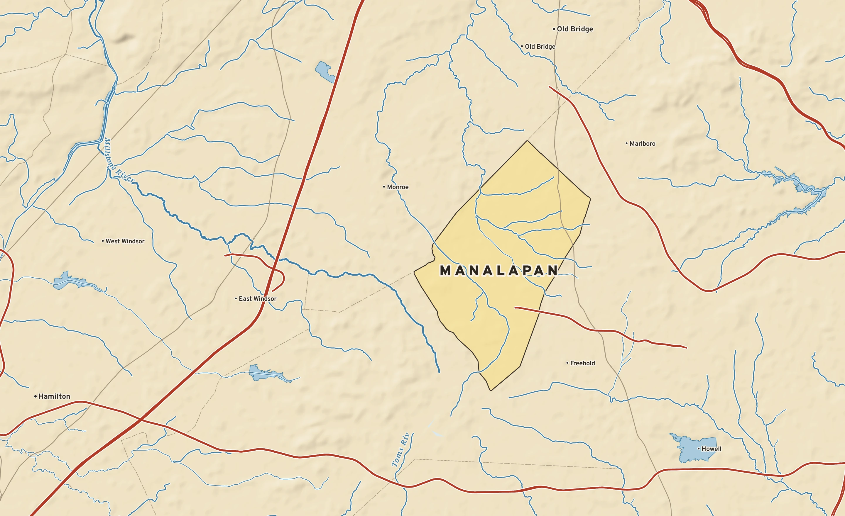 Shaded-relief atlas plate of Manalapan, New Jersey: rivers, roads, the city limits and where the water drains.