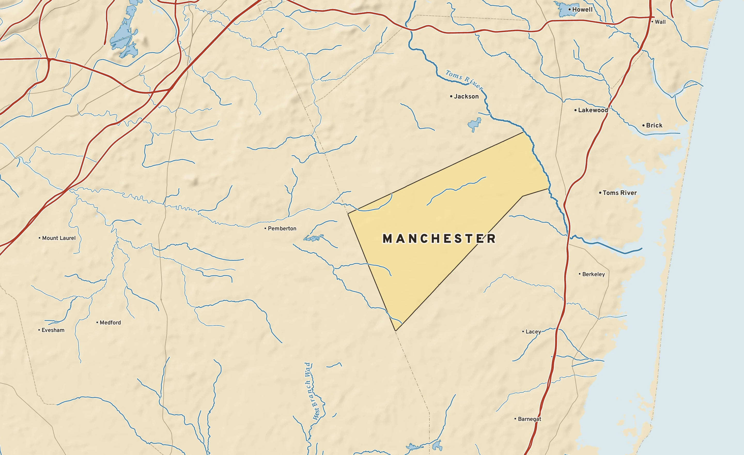 Shaded-relief atlas plate of Manchester, New Jersey: rivers, roads, the city limits and where the water drains.