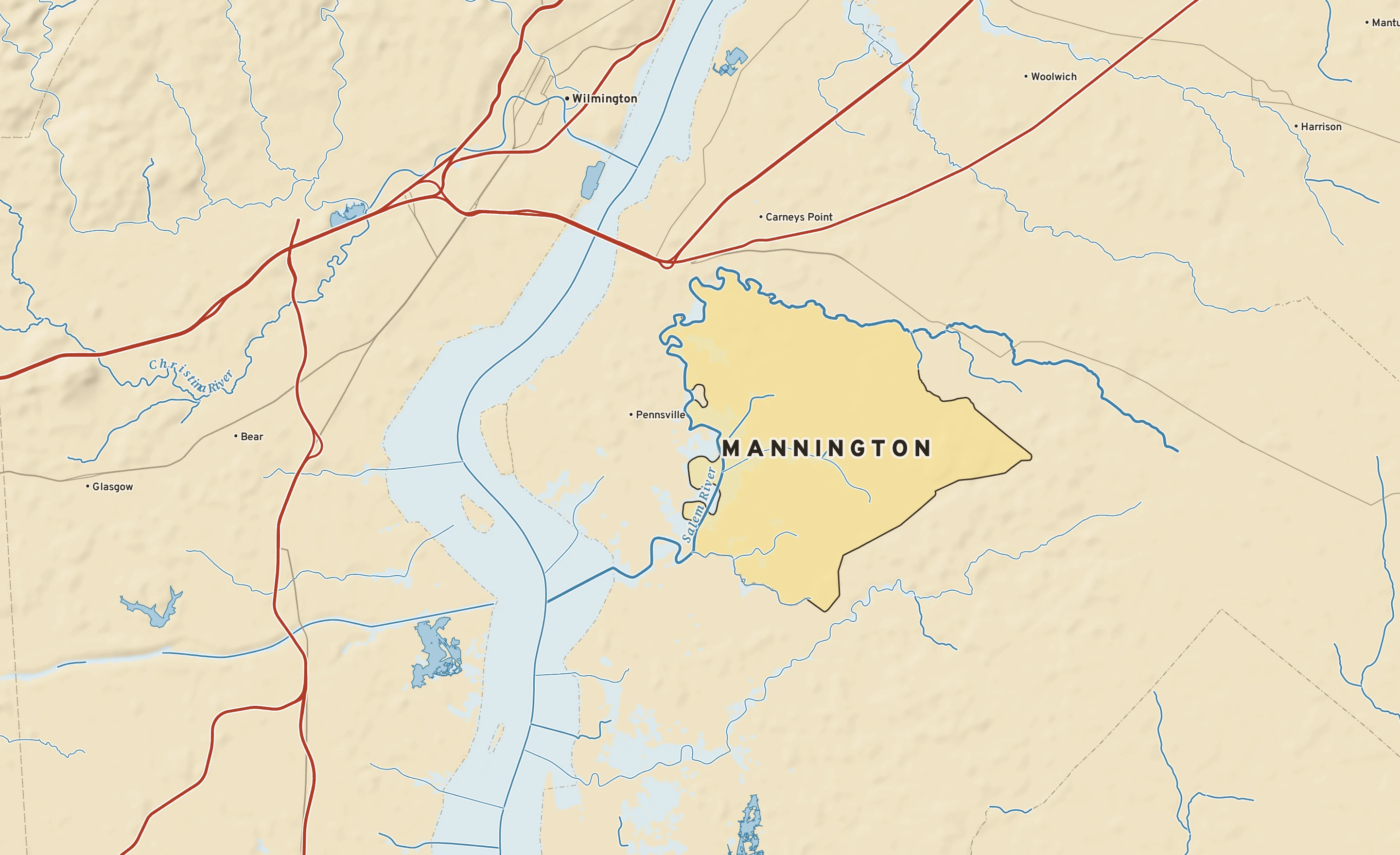 Shaded-relief atlas plate of Mannington, New Jersey: rivers, roads, the city limits and where the water drains.