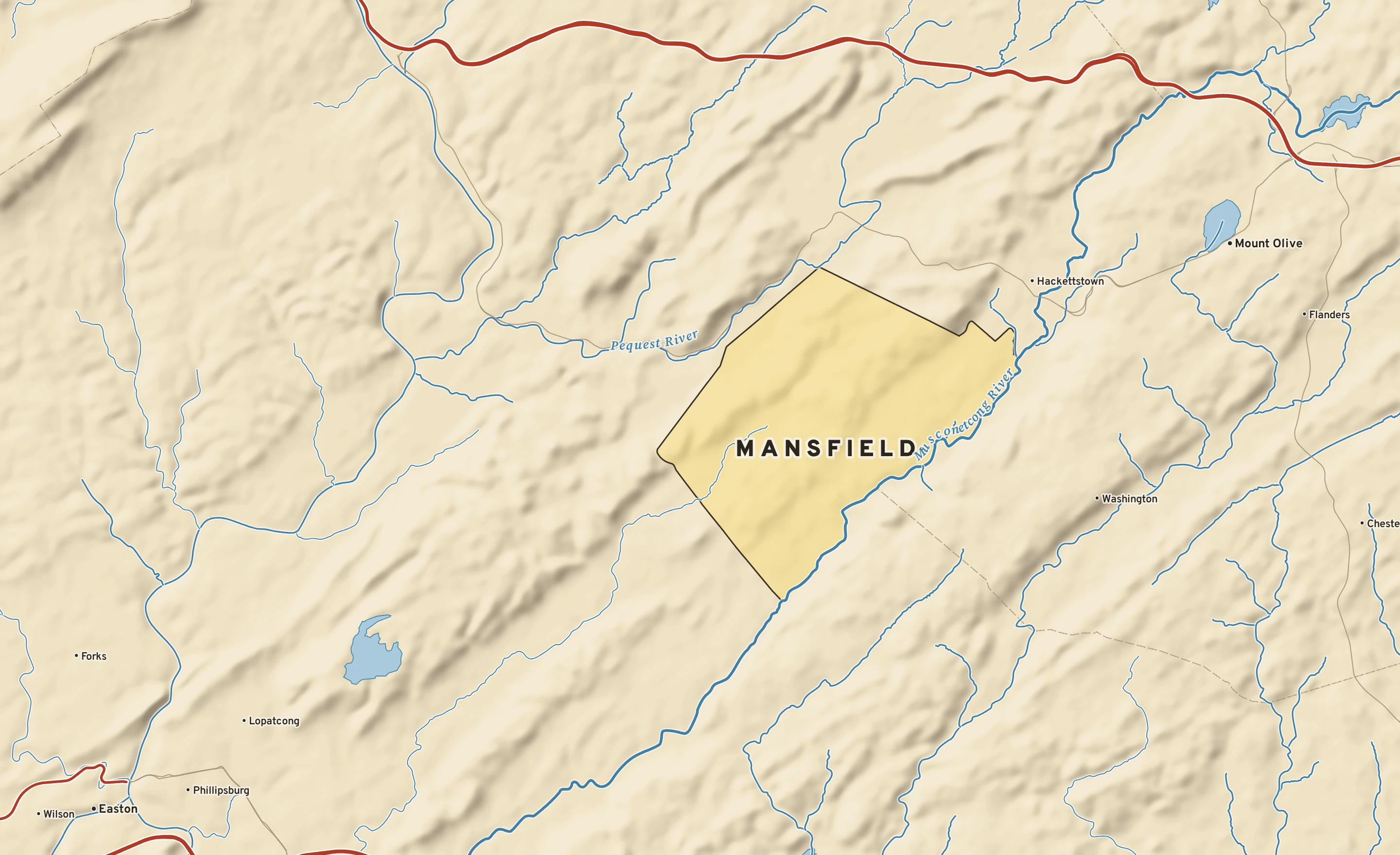 Shaded-relief atlas plate of Mansfield, New Jersey: rivers, roads, the city limits and where the water drains.