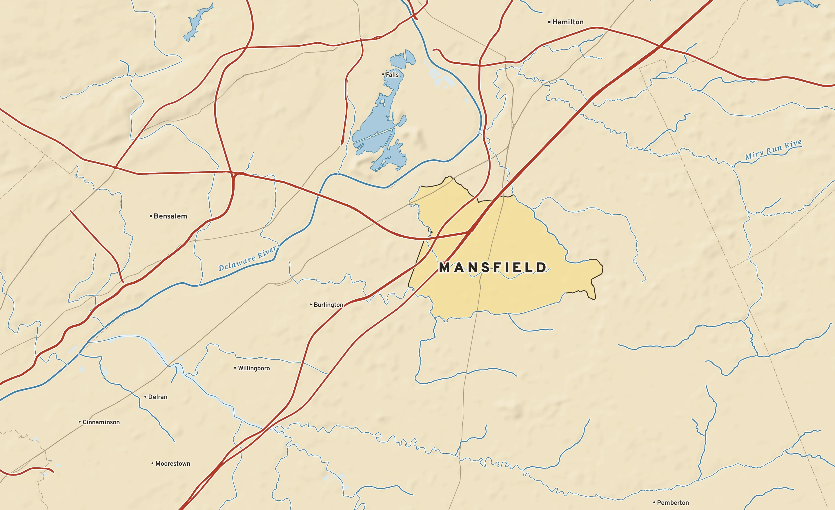 Shaded-relief atlas plate of Mansfield, New Jersey: rivers, roads, the city limits and where the water drains.