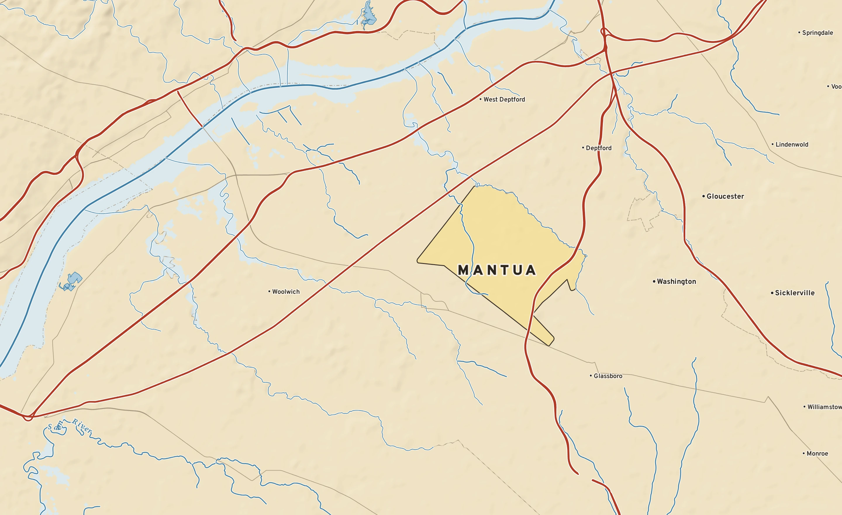 Shaded-relief atlas plate of Mantua, New Jersey: rivers, roads, the city limits and where the water drains.