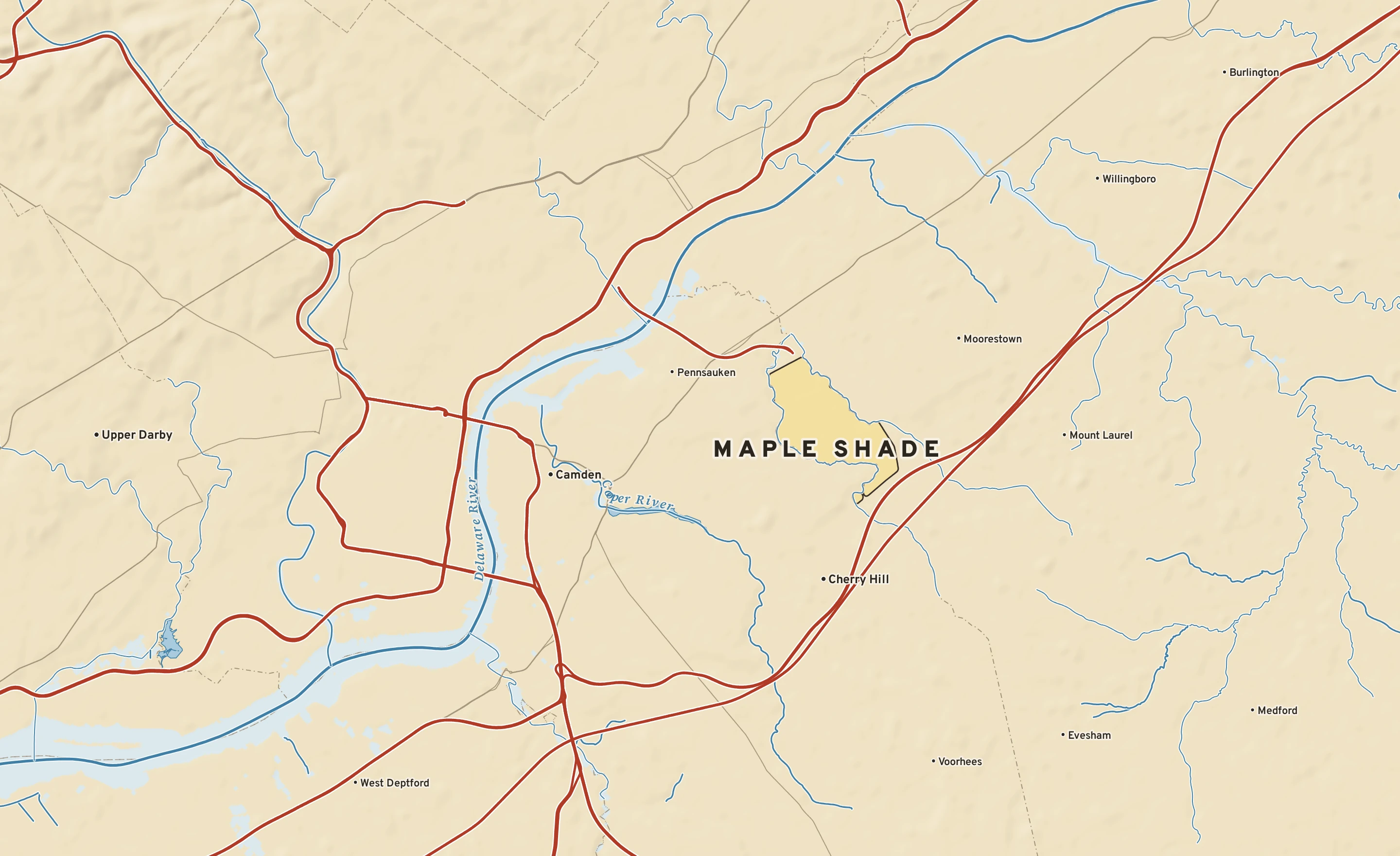 Shaded-relief atlas plate of Maple Shade, New Jersey: rivers, roads, the city limits and where the water drains.