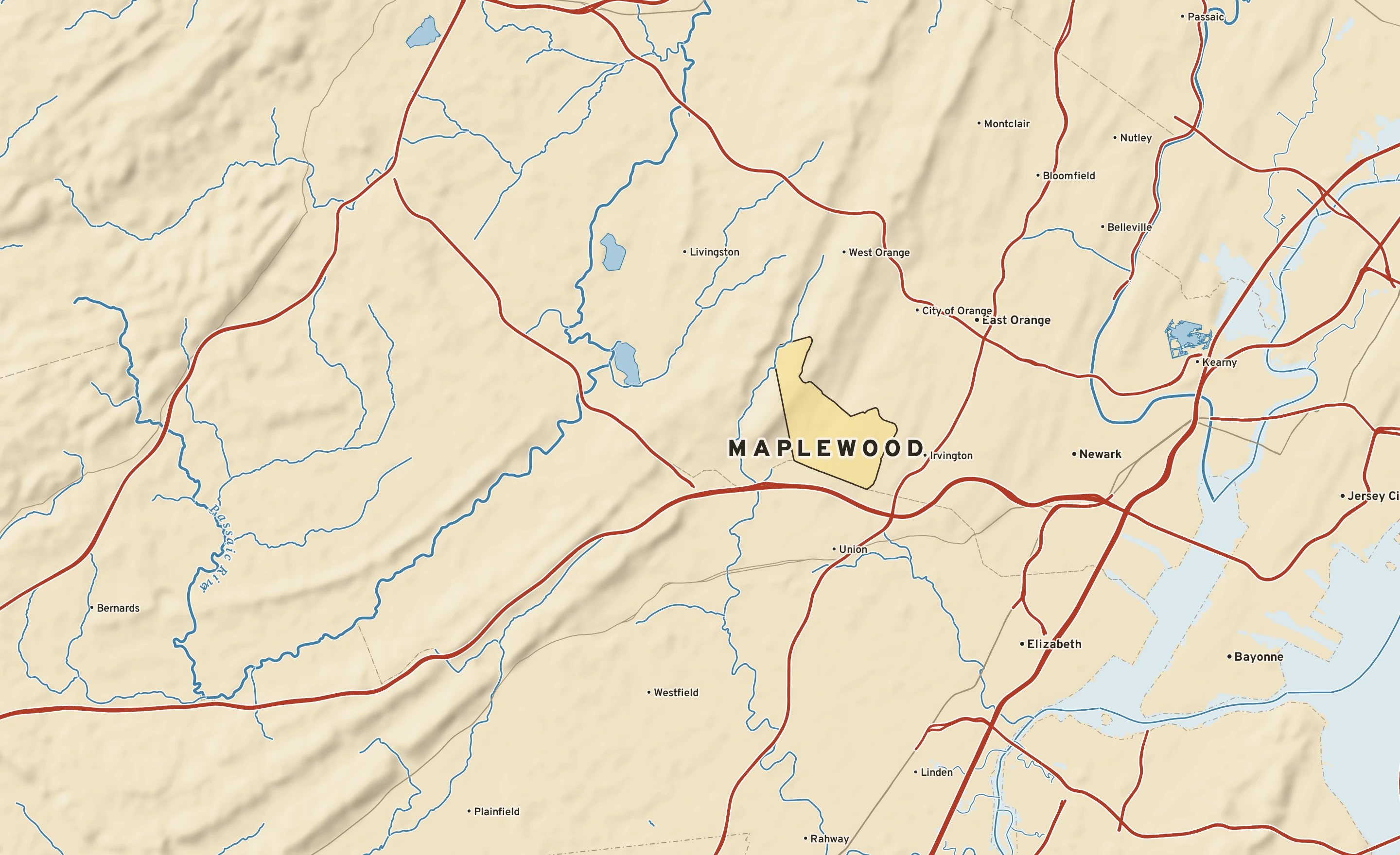 Shaded-relief atlas plate of Maplewood, New Jersey: rivers, roads, the city limits and where the water drains.