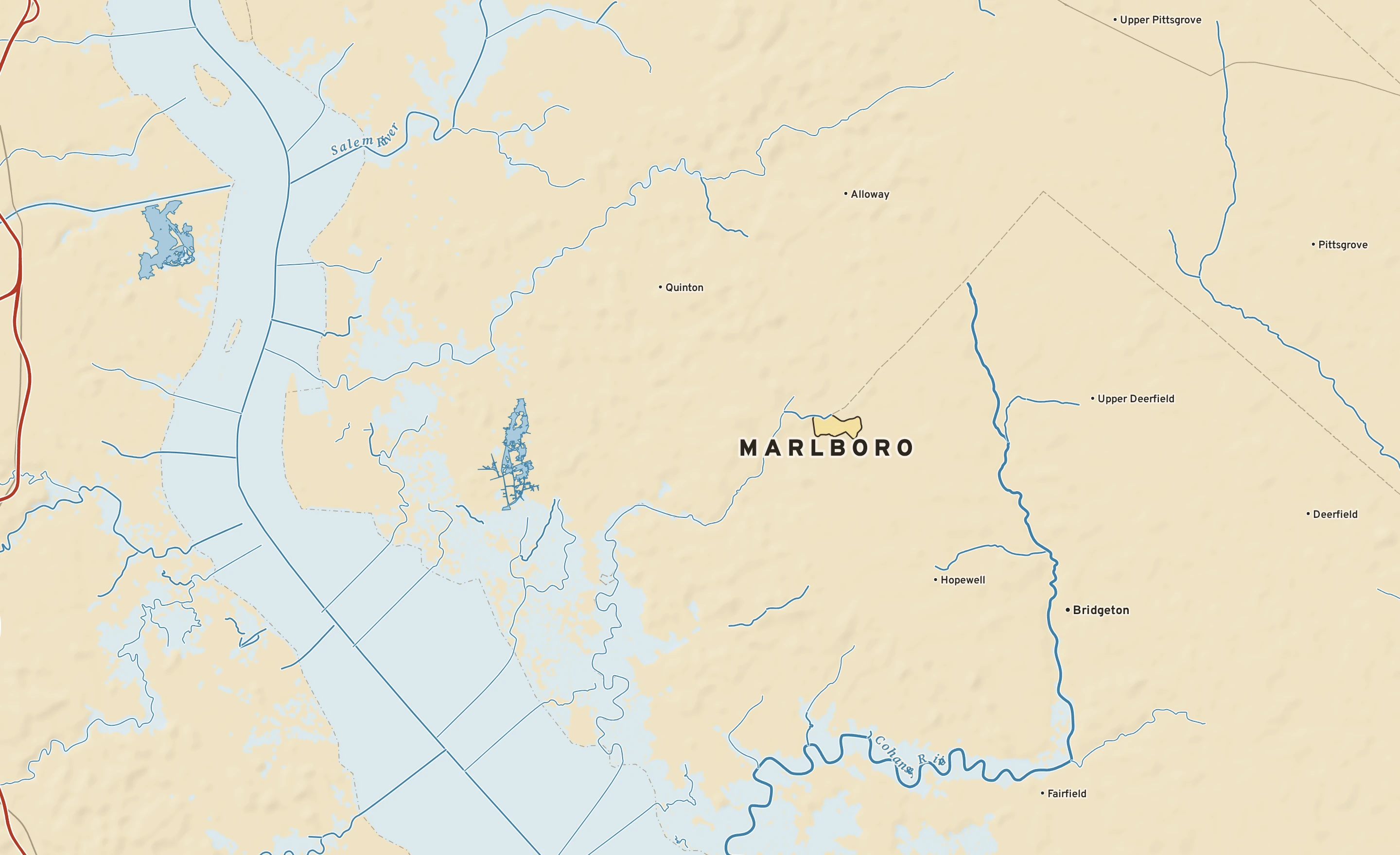 Shaded-relief atlas plate of Marlboro, New Jersey: rivers, roads, the city limits and where the water drains.