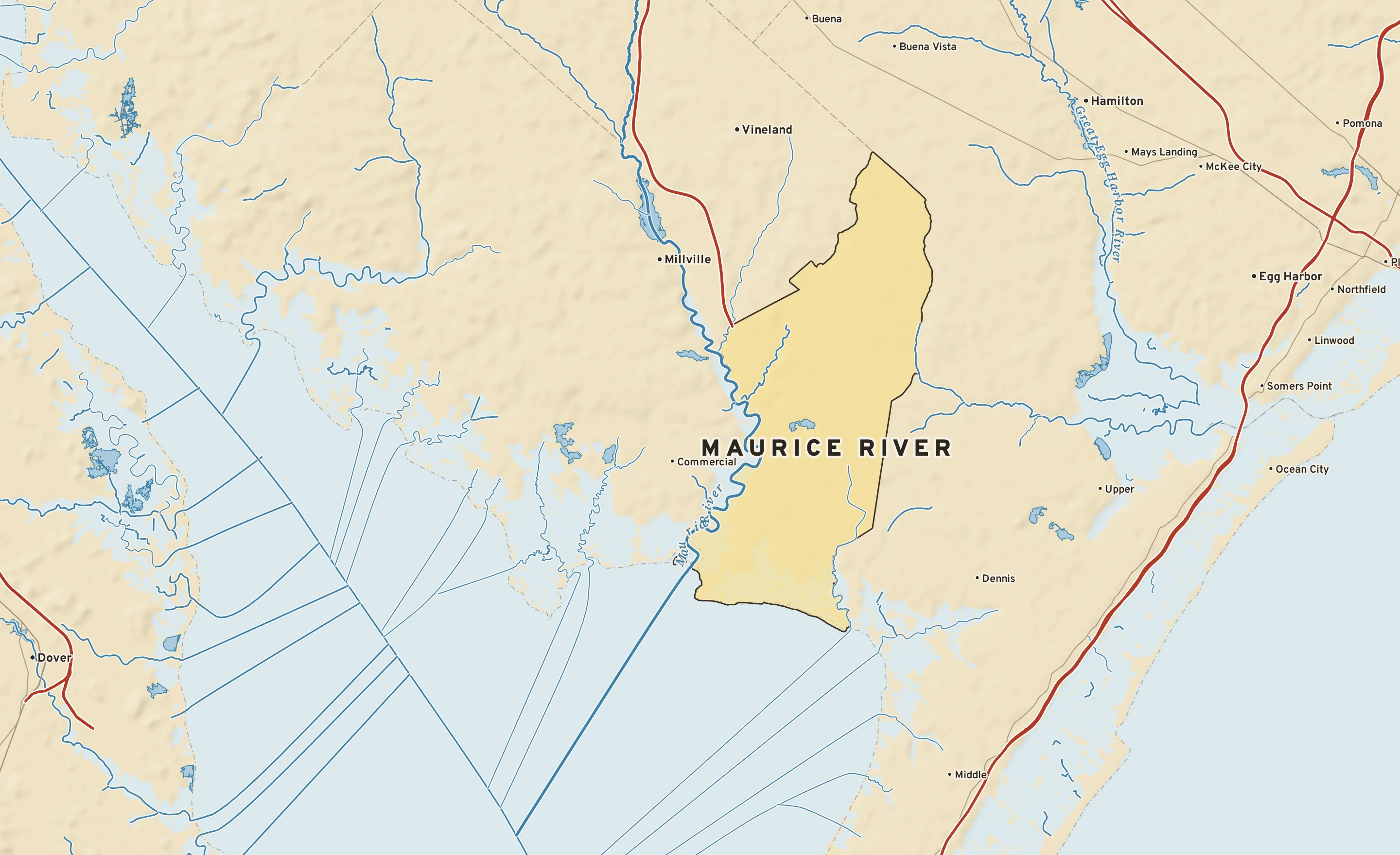 Shaded-relief atlas plate of Maurice River, New Jersey: rivers, roads, the city limits and where the water drains.