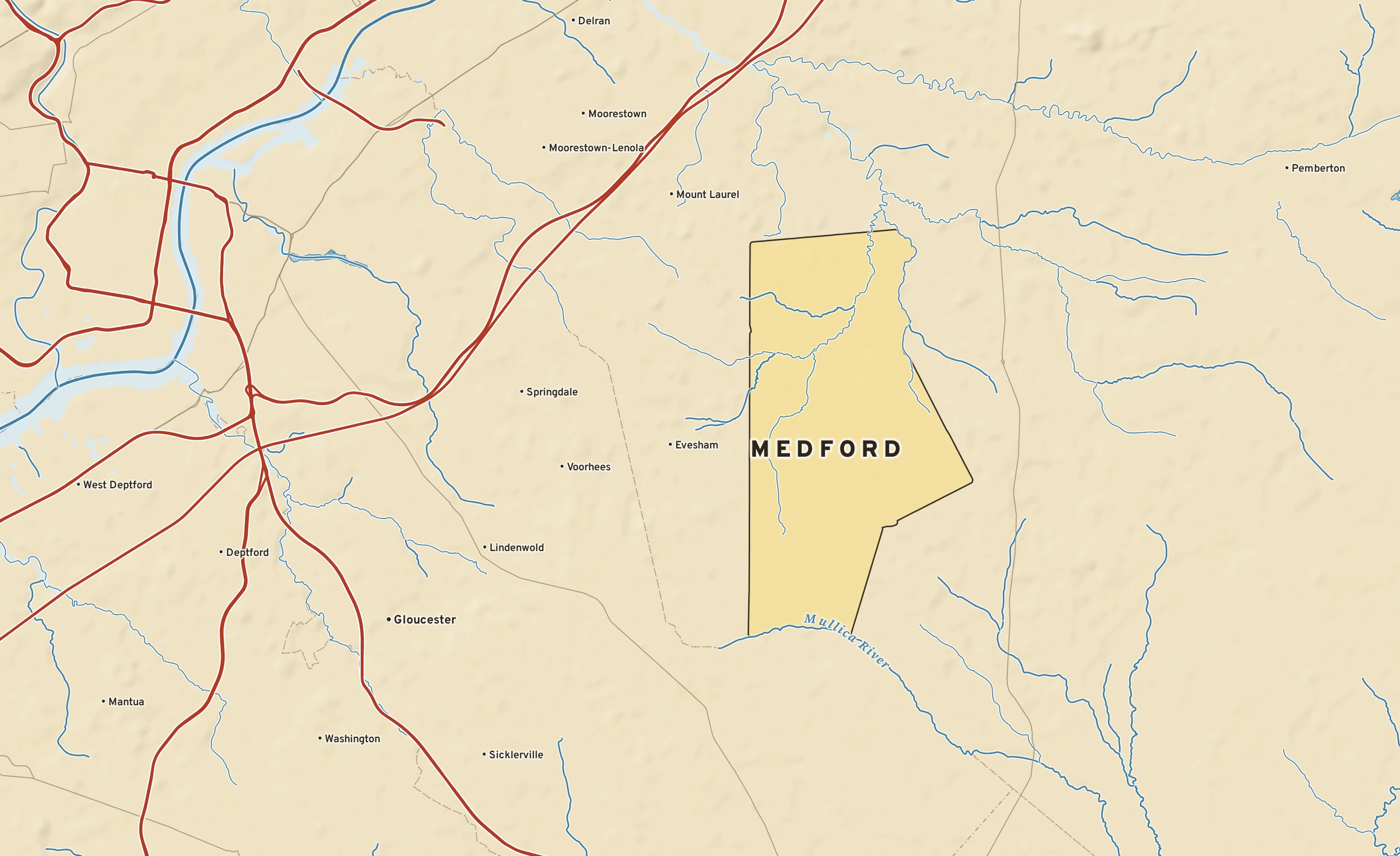 Shaded-relief atlas plate of Medford, New Jersey: rivers, roads, the city limits and where the water drains.