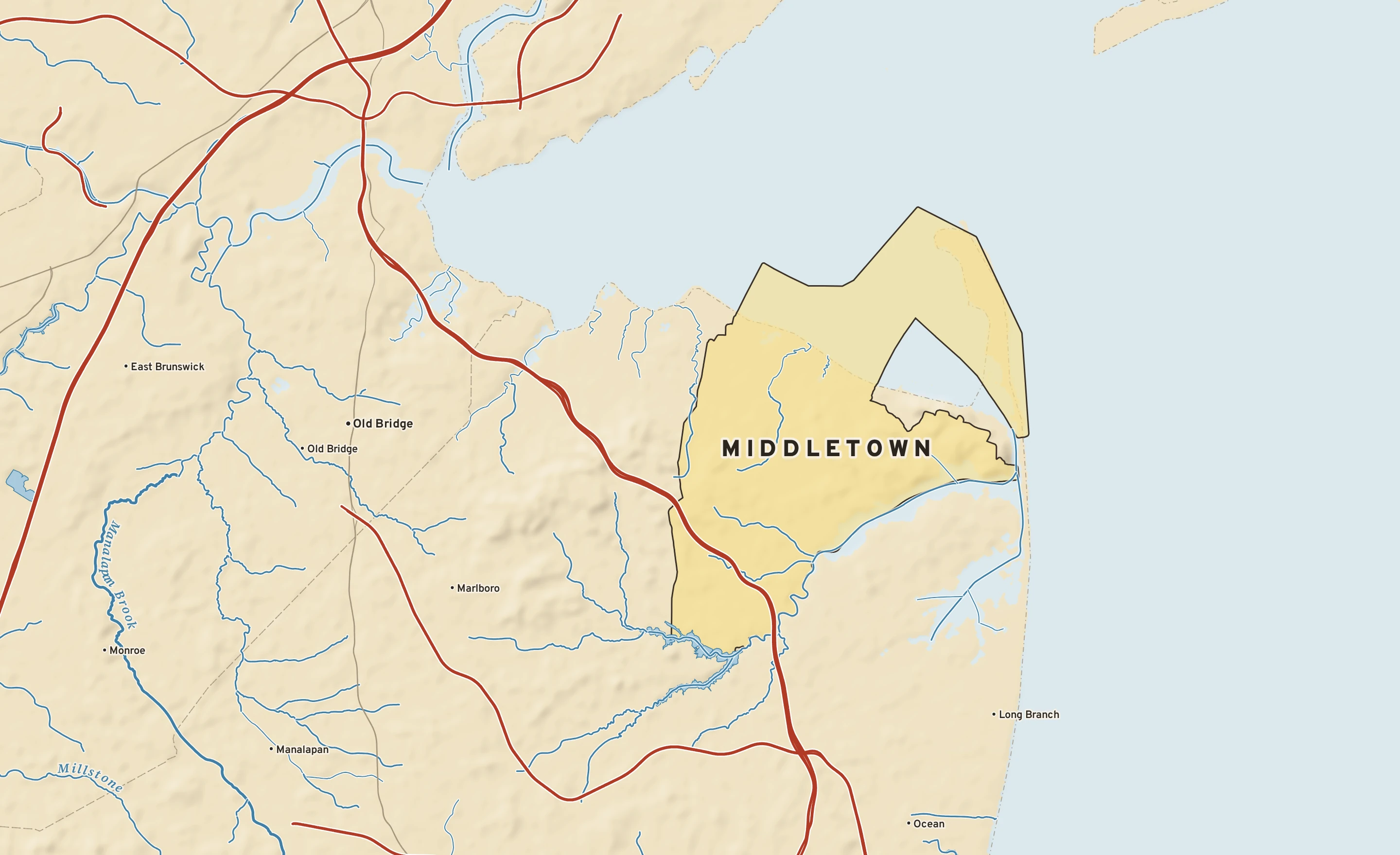 Shaded-relief atlas plate of Middletown, New Jersey: rivers, roads, the city limits and where the water drains.