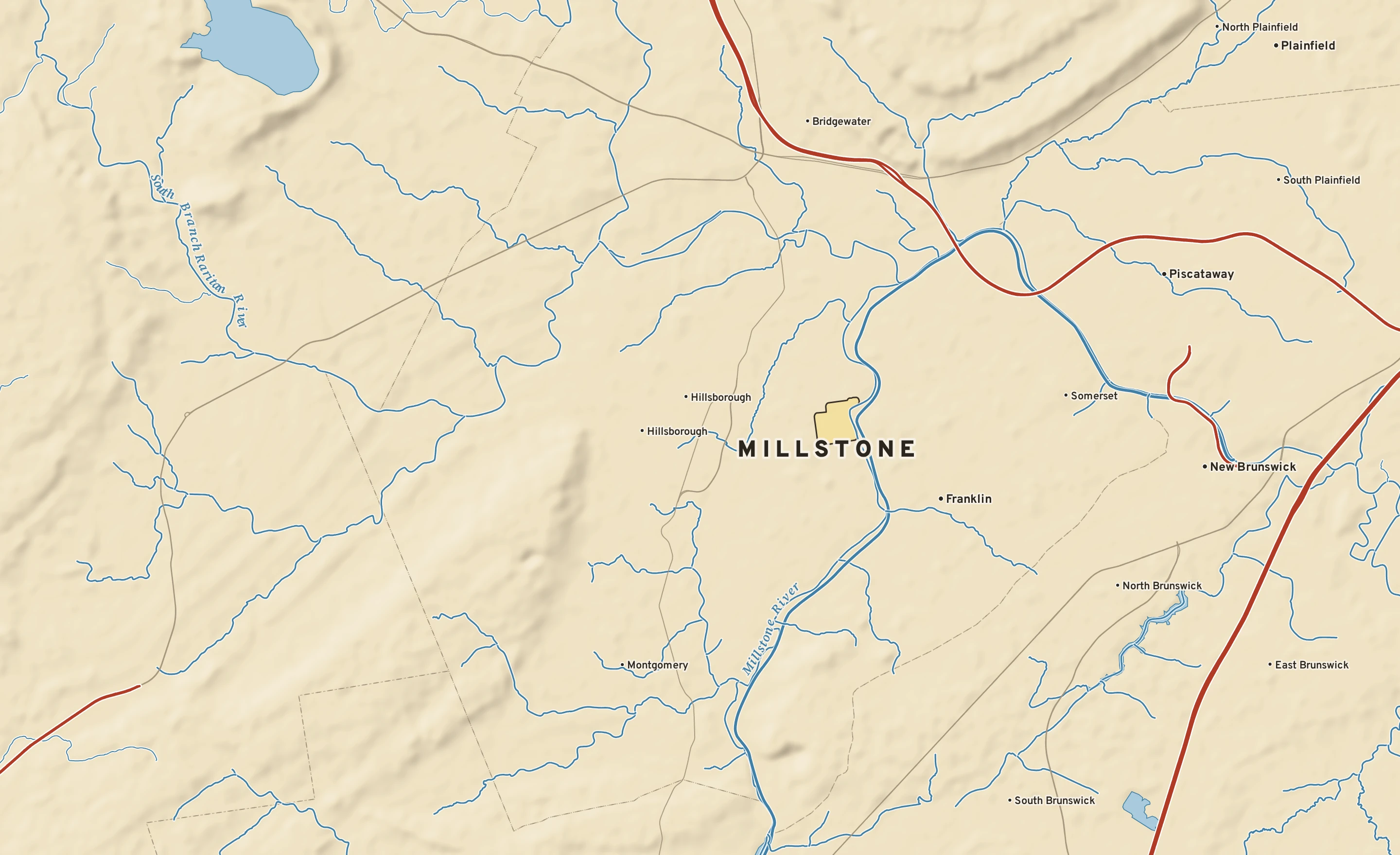 Shaded-relief atlas plate of Millstone, New Jersey: rivers, roads, the city limits and where the water drains.