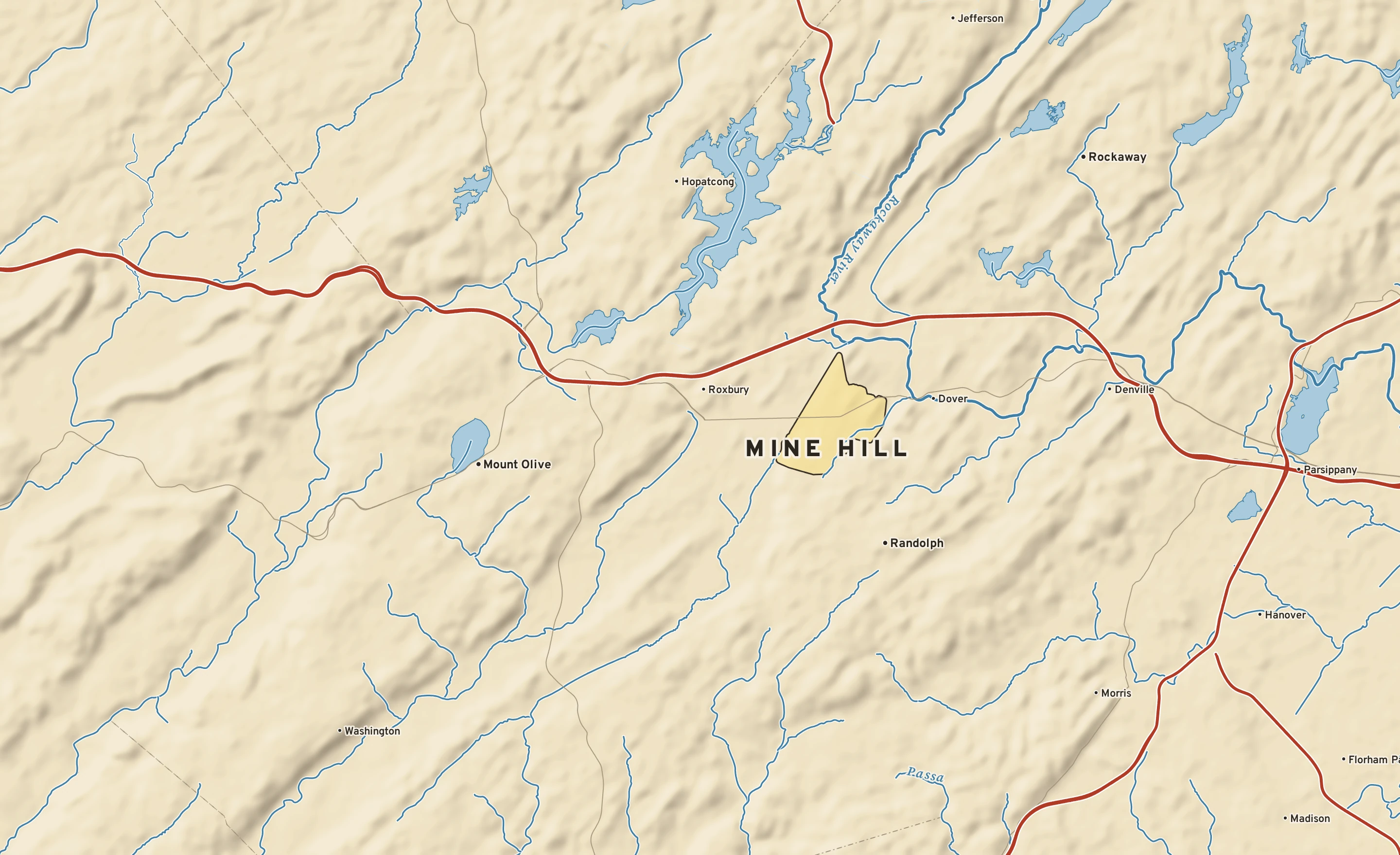 Shaded-relief atlas plate of Mine Hill, New Jersey: rivers, roads, the city limits and where the water drains.