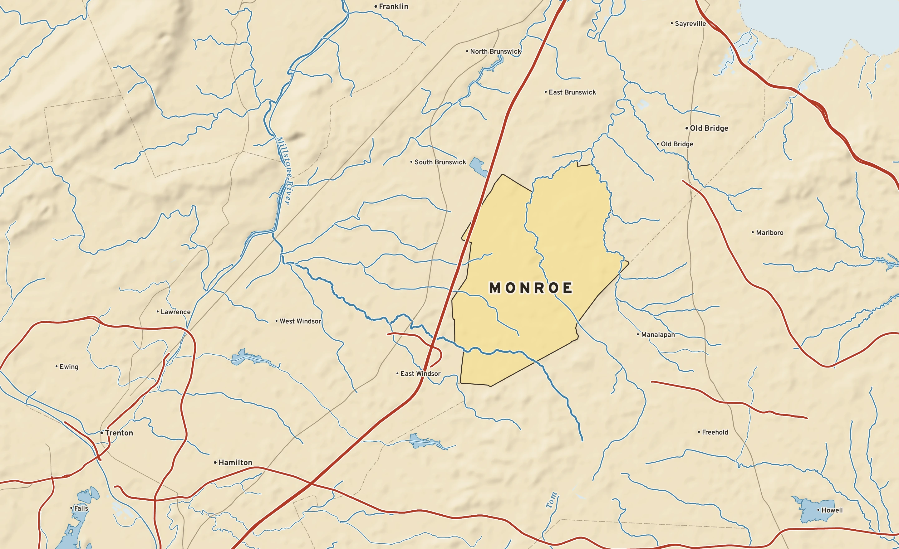 Shaded-relief atlas plate of Monroe, New Jersey: rivers, roads, the city limits and where the water drains.