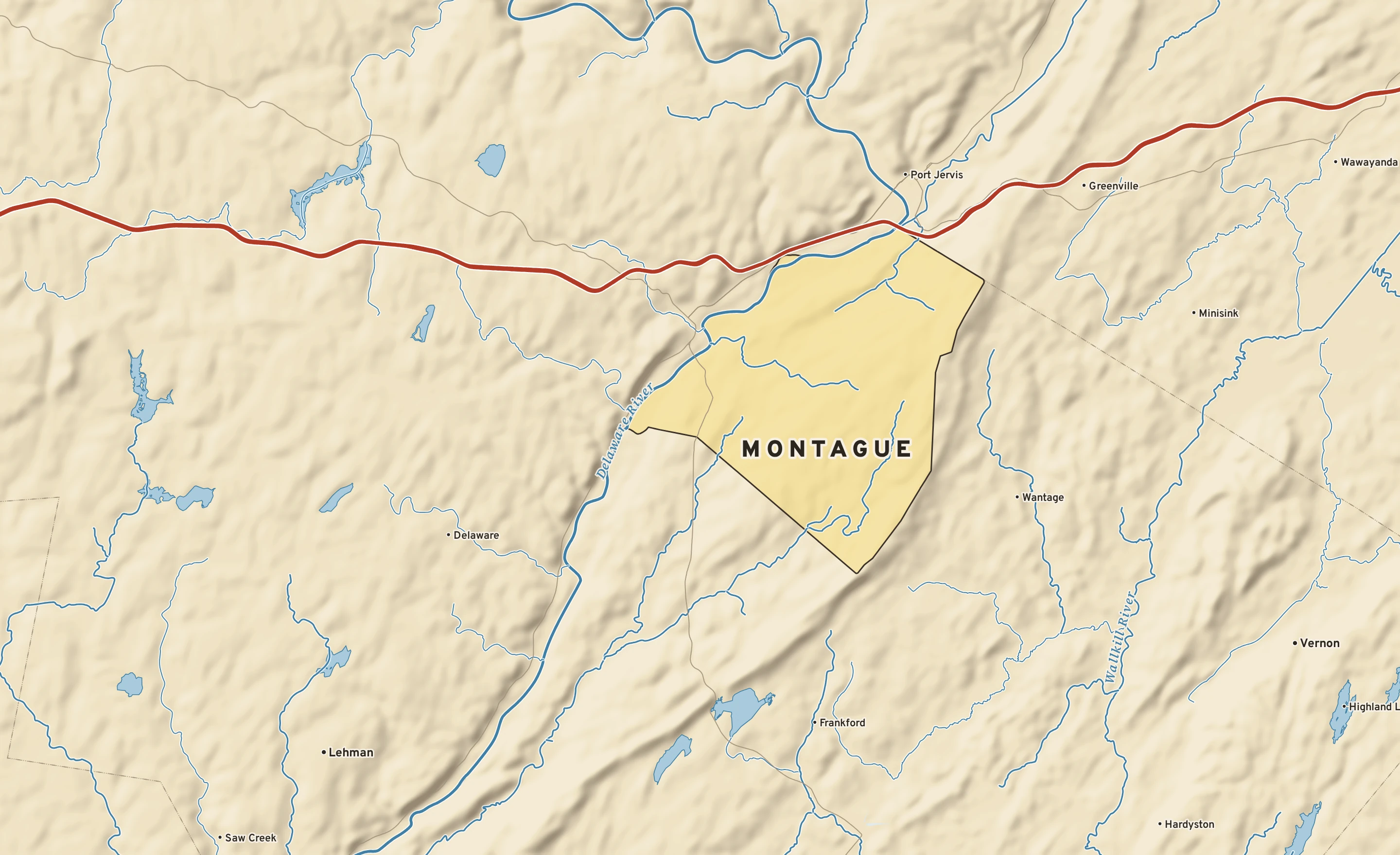 Shaded-relief atlas plate of Montague, New Jersey: rivers, roads, the city limits and where the water drains.