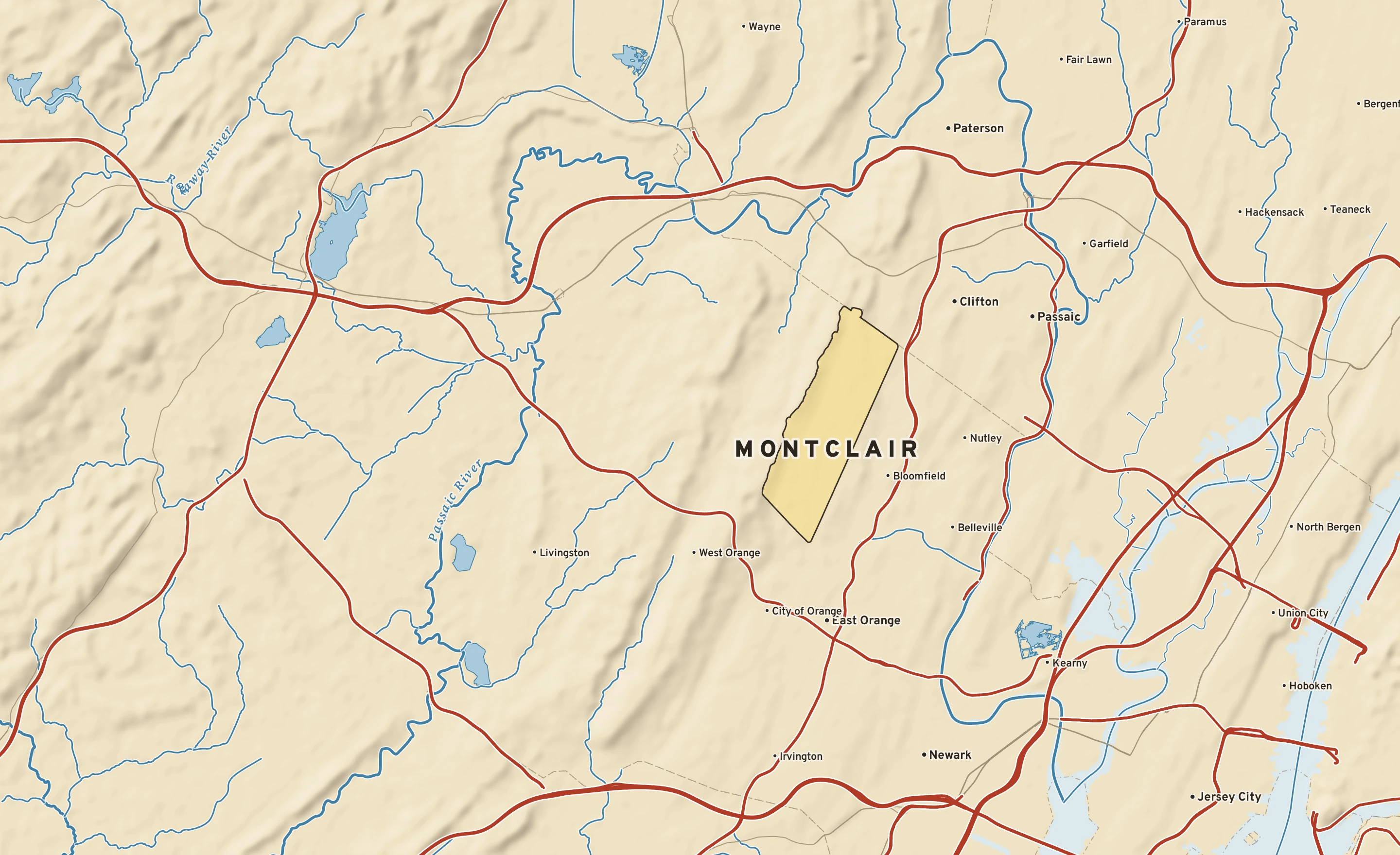 Shaded-relief atlas plate of Montclair, New Jersey: rivers, roads, the city limits and where the water drains.