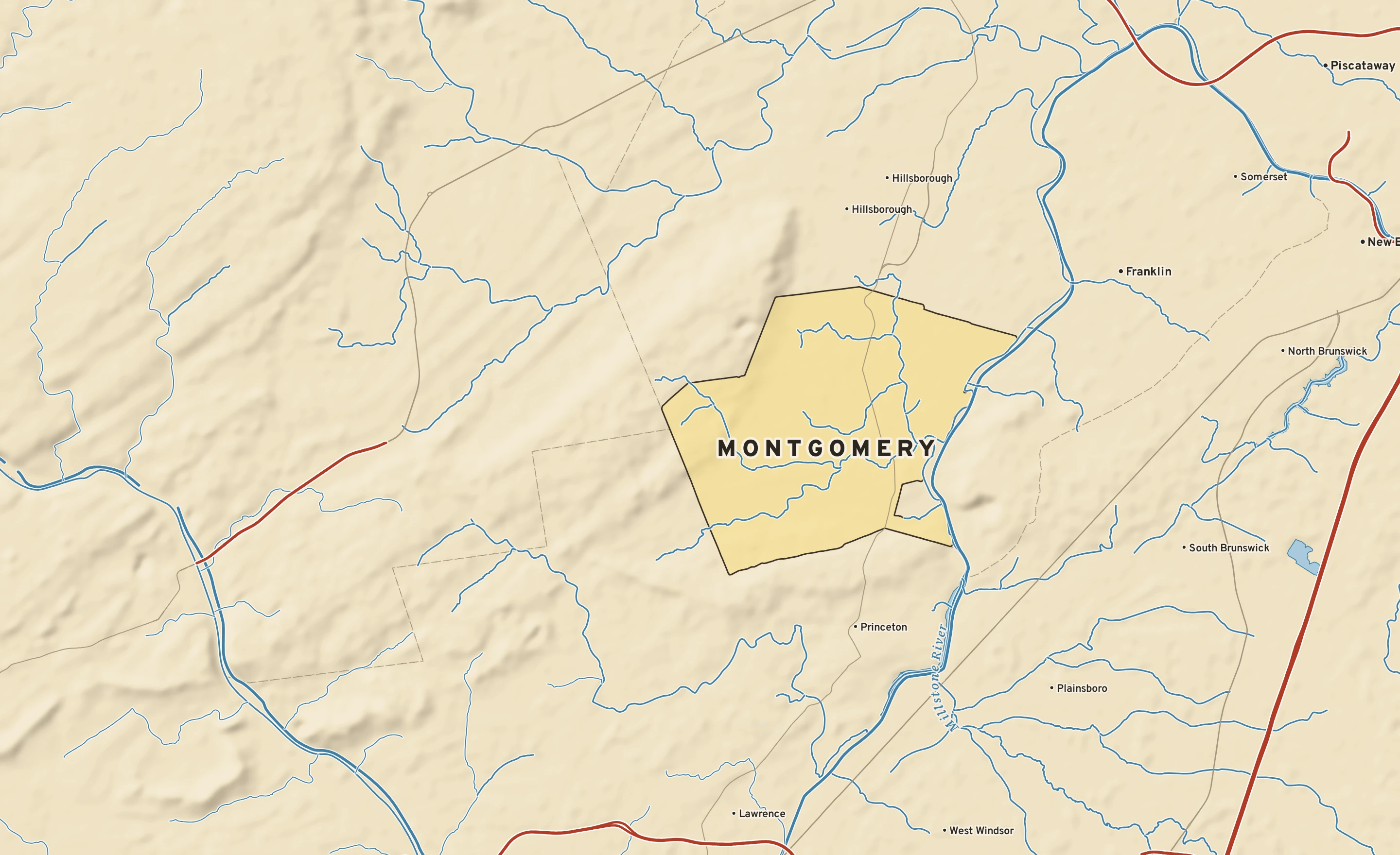 Shaded-relief atlas plate of Montgomery, New Jersey: rivers, roads, the city limits and where the water drains.