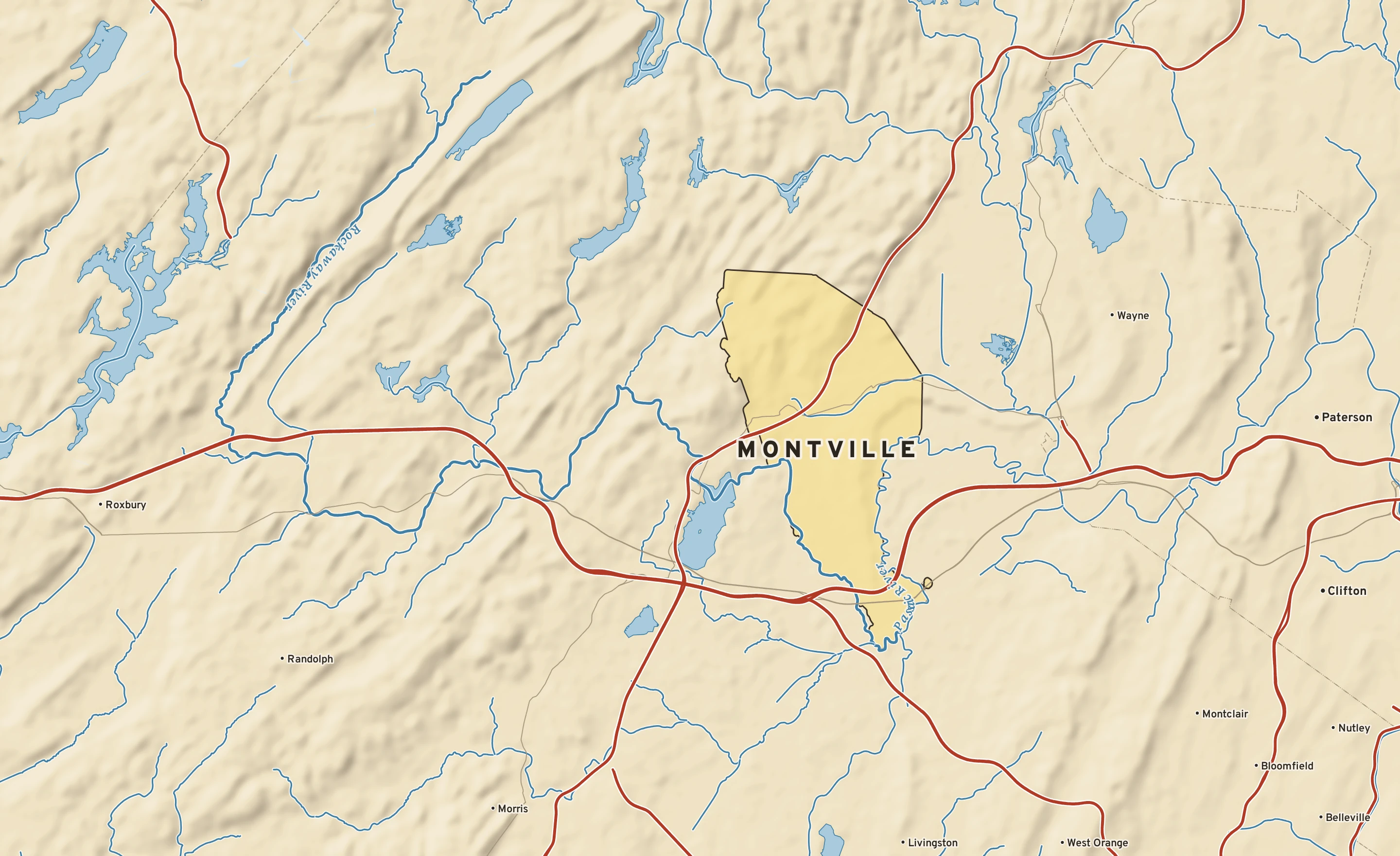 Shaded-relief atlas plate of Montville, New Jersey: rivers, roads, the city limits and where the water drains.