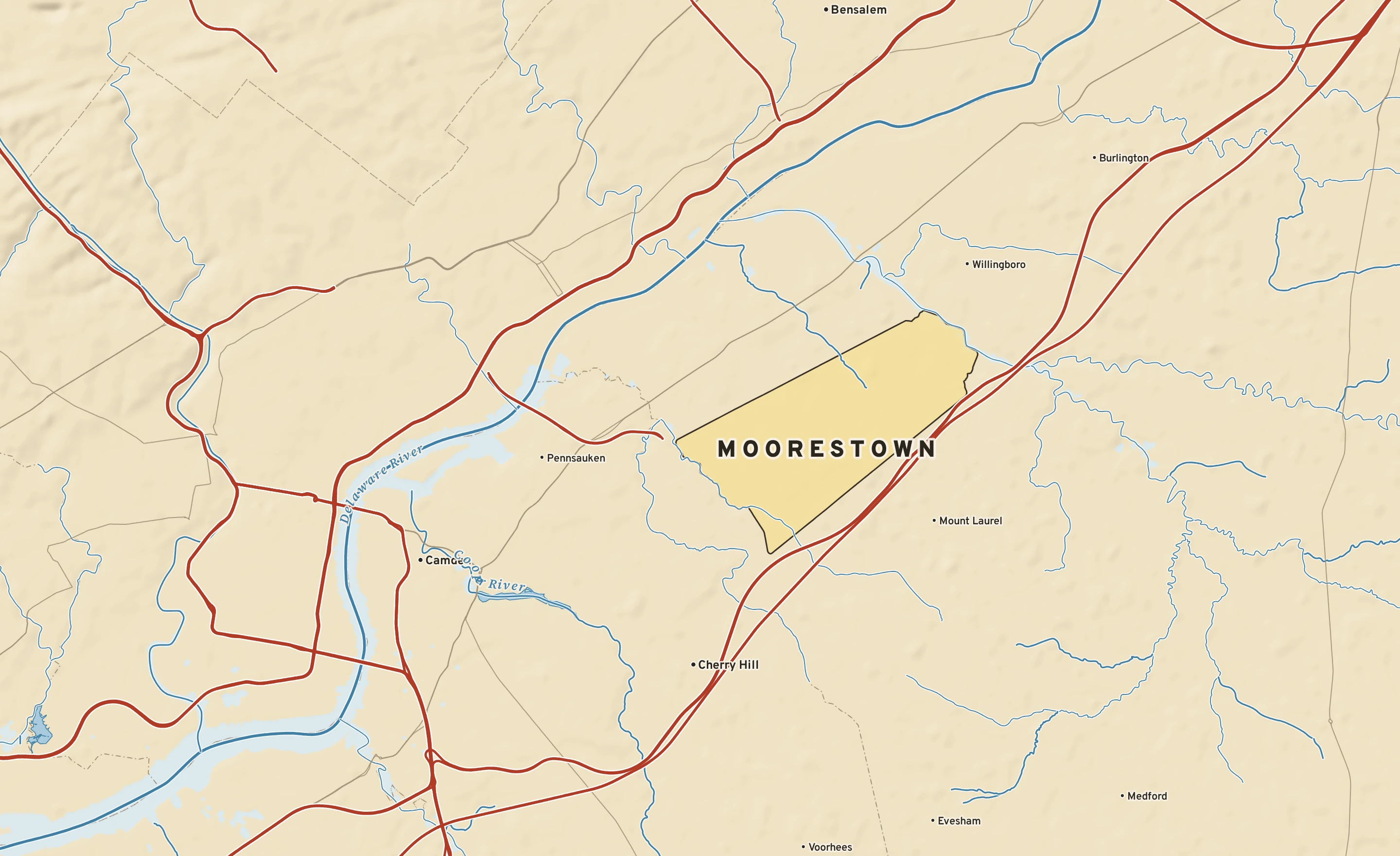 Shaded-relief atlas plate of Moorestown, New Jersey: rivers, roads, the city limits and where the water drains.