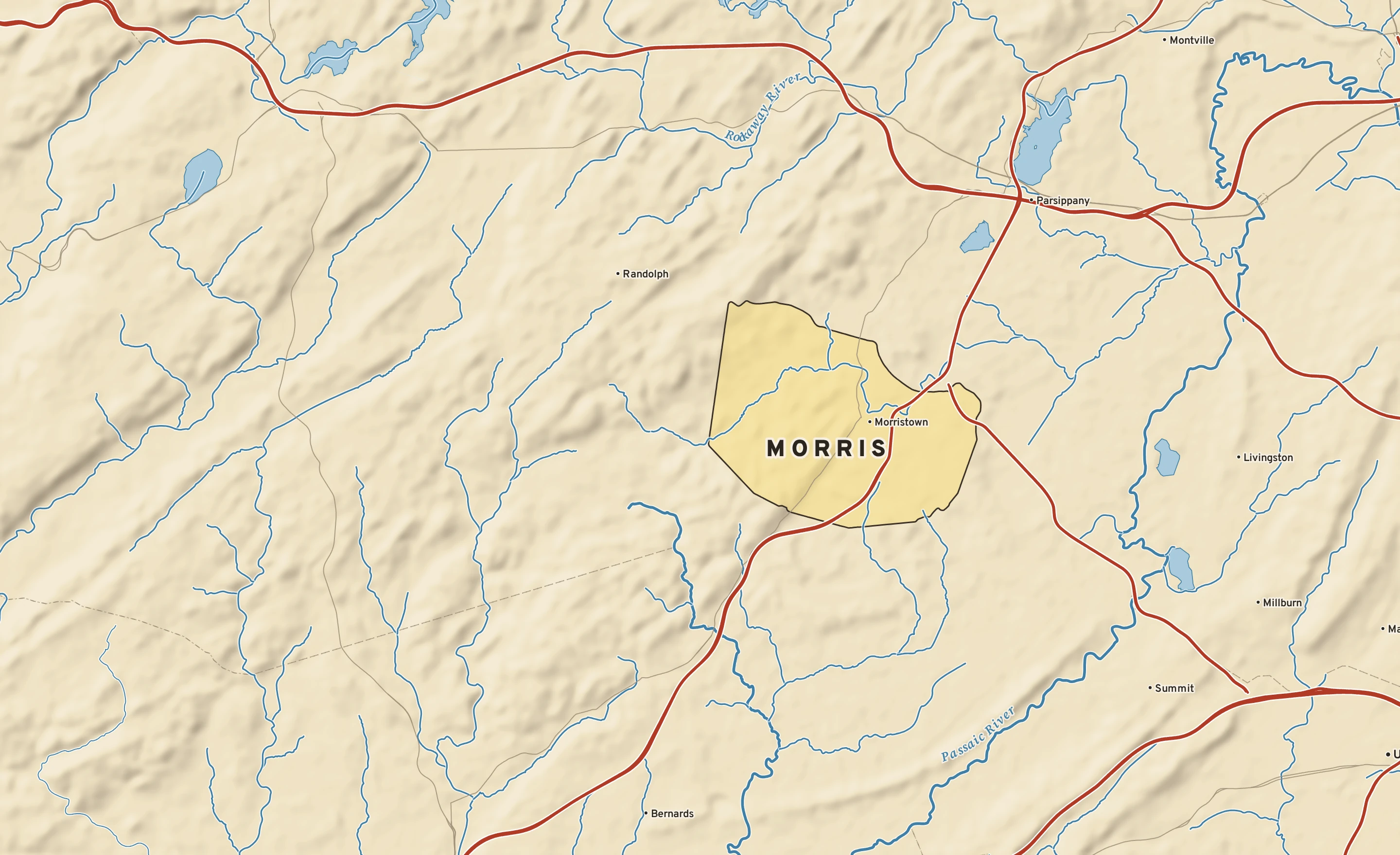 Shaded-relief atlas plate of Morris, New Jersey: rivers, roads, the city limits and where the water drains.