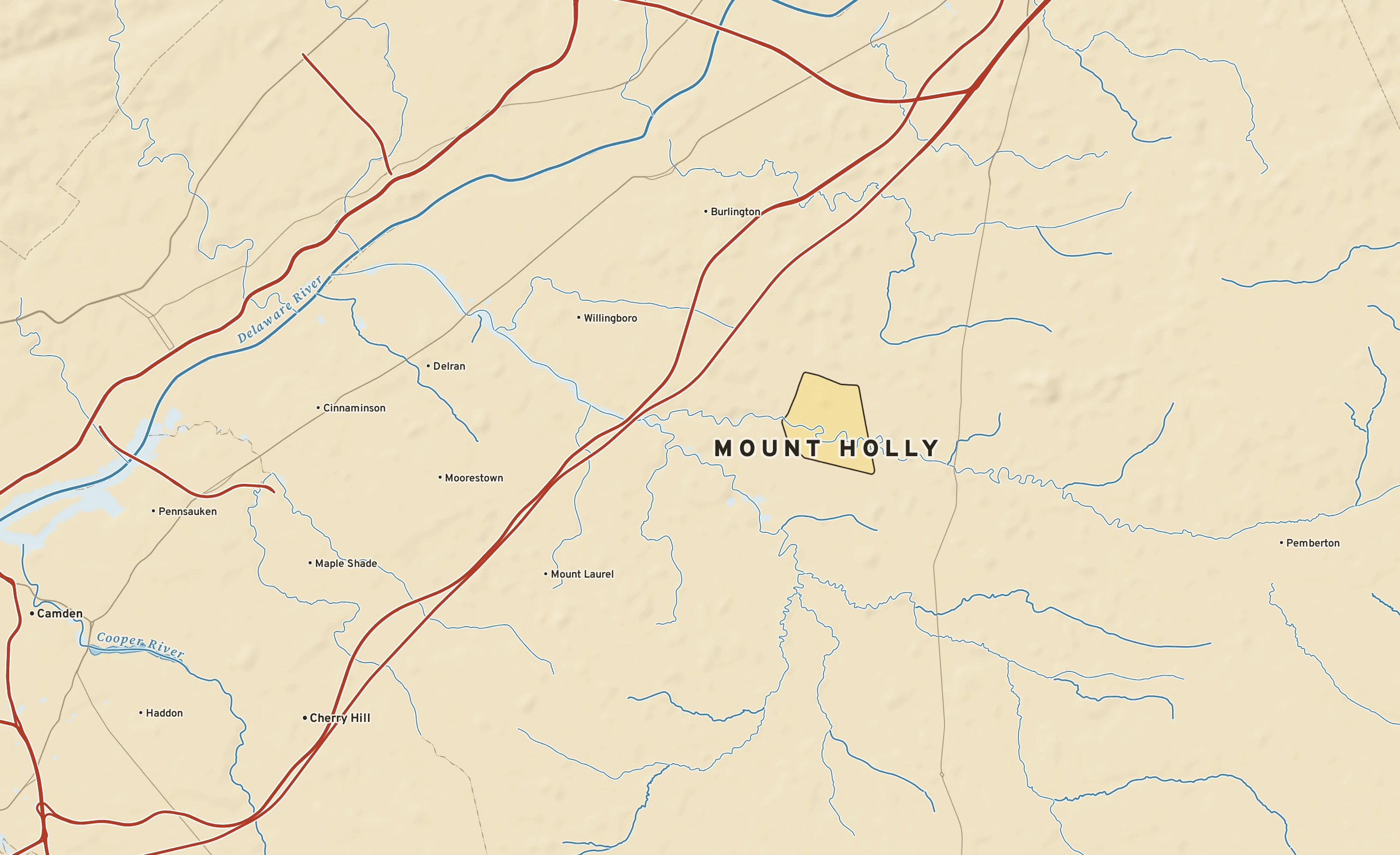 Shaded-relief atlas plate of Mount Holly, New Jersey: rivers, roads, the city limits and where the water drains.