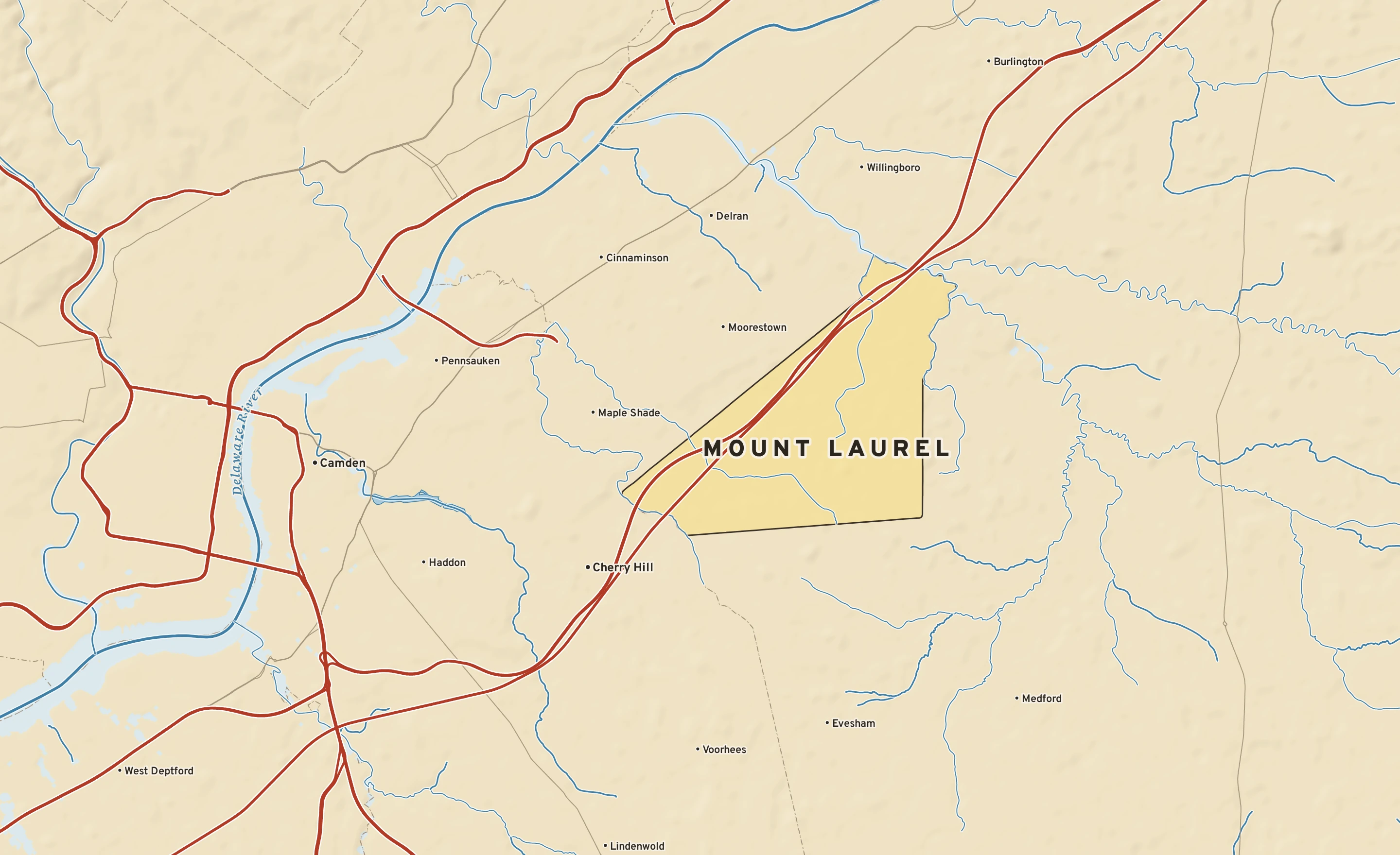 Shaded-relief atlas plate of Mount Laurel, New Jersey: rivers, roads, the city limits and where the water drains.
