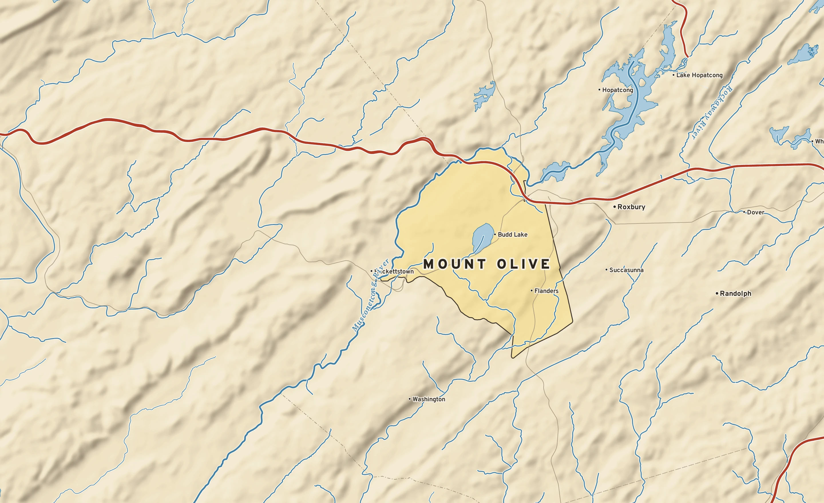 Shaded-relief atlas plate of Mount Olive, New Jersey: rivers, roads, the city limits and where the water drains.
