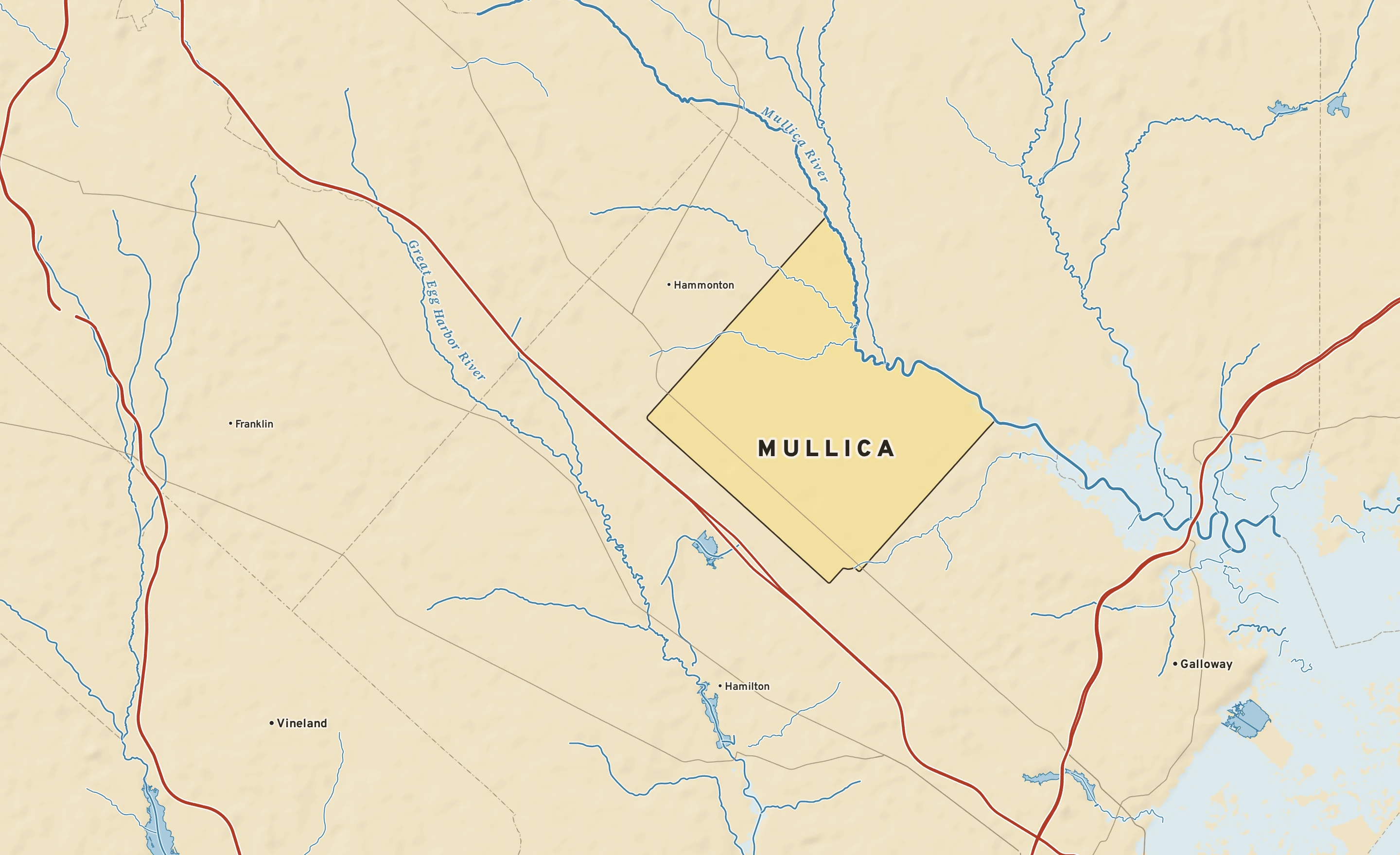 Shaded-relief atlas plate of Mullica, New Jersey: rivers, roads, the city limits and where the water drains.
