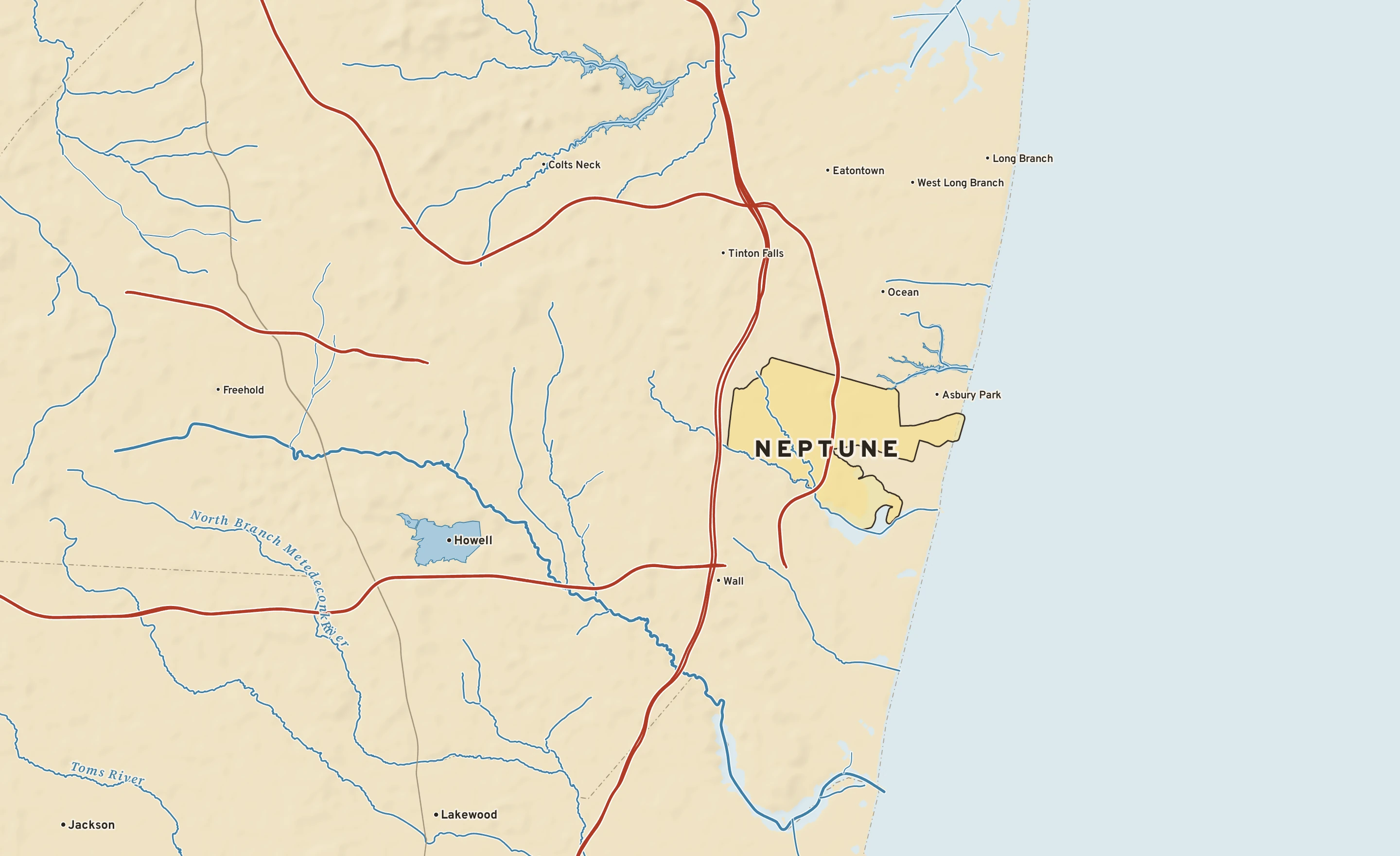 Shaded-relief atlas plate of Neptune, New Jersey: rivers, roads, the city limits and where the water drains.