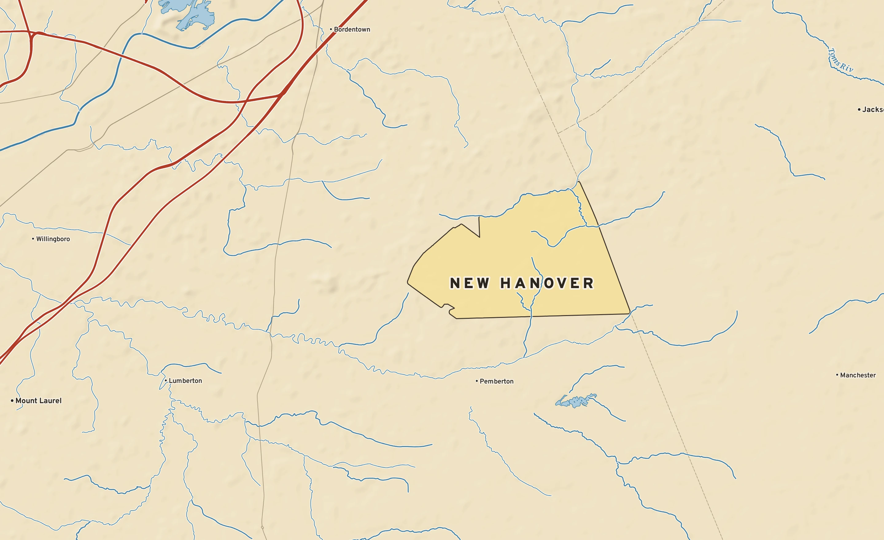 Shaded-relief atlas plate of New Hanover, New Jersey: rivers, roads, the city limits and where the water drains.