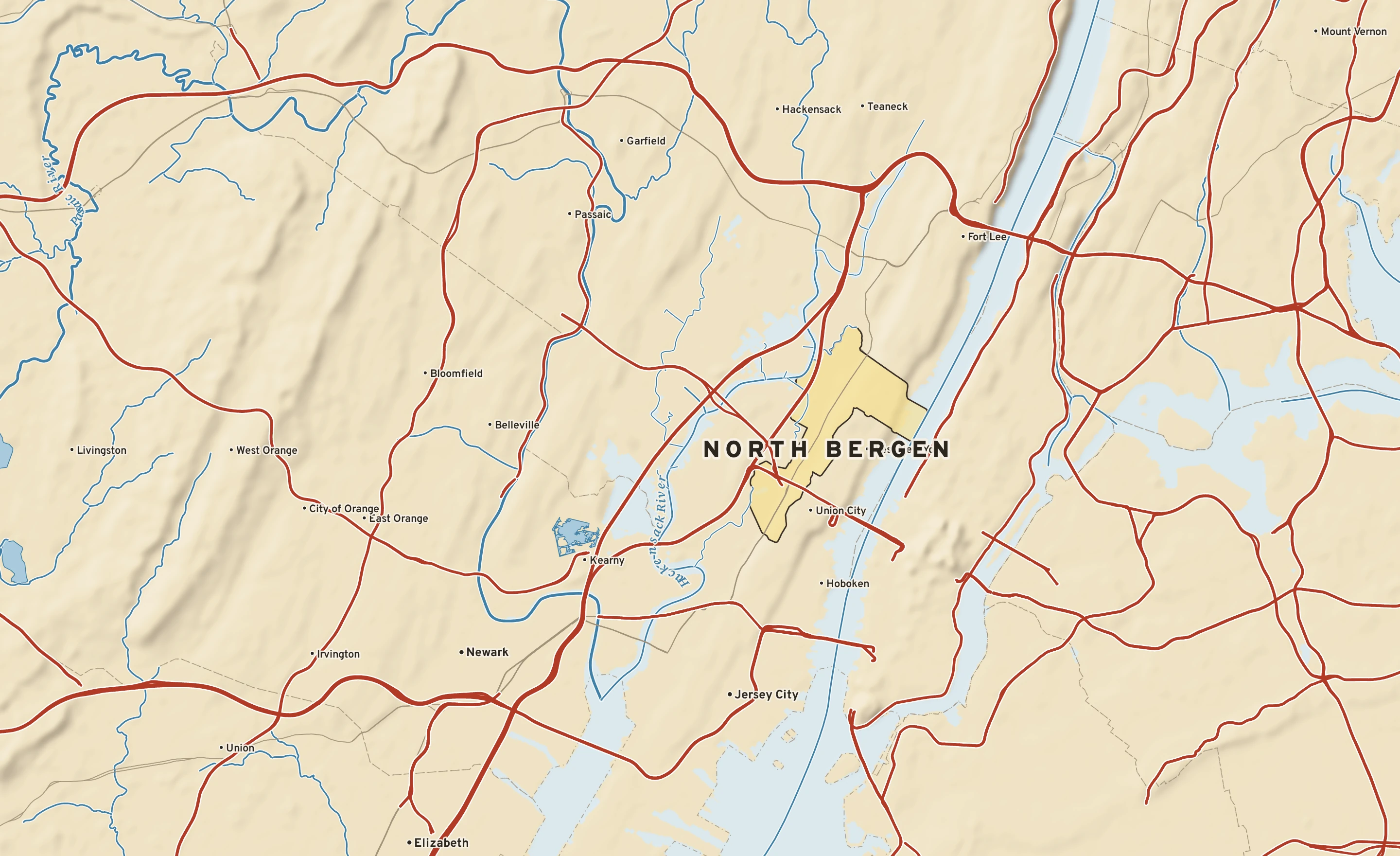 Shaded-relief atlas plate of North Bergen, New Jersey: rivers, roads, the city limits and where the water drains.