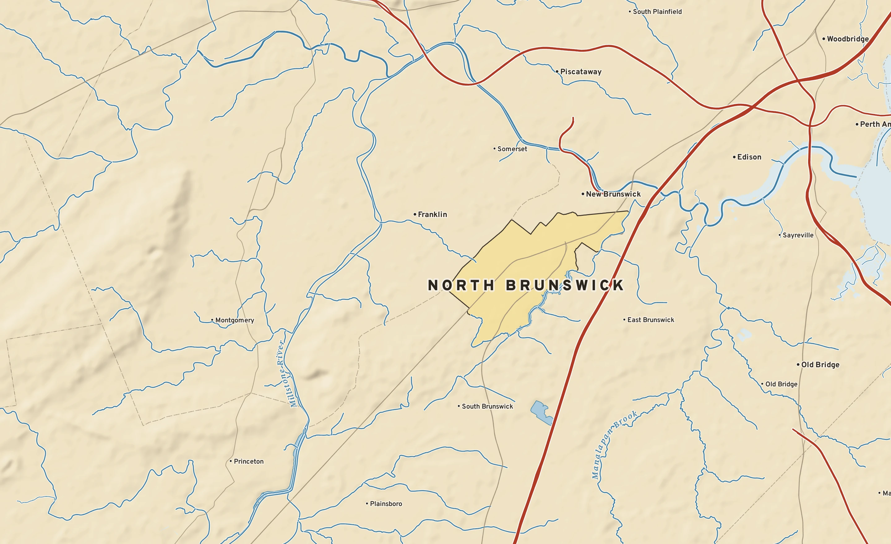 Shaded-relief atlas plate of North Brunswick, New Jersey: rivers, roads, the city limits and where the water drains.