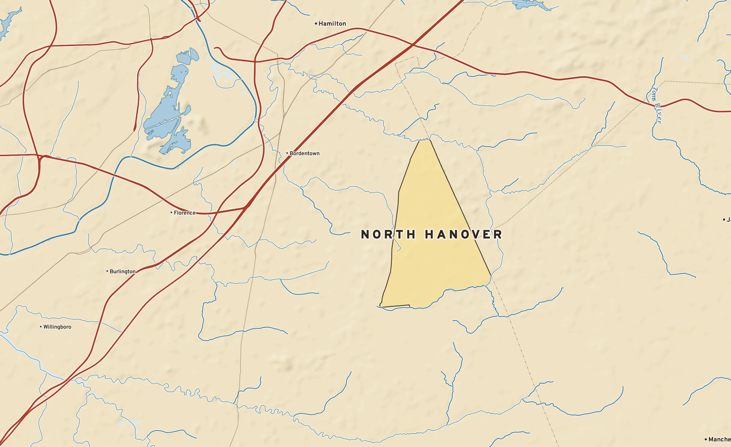 Shaded-relief atlas plate of North Hanover, New Jersey: rivers, roads, the city limits and where the water drains.