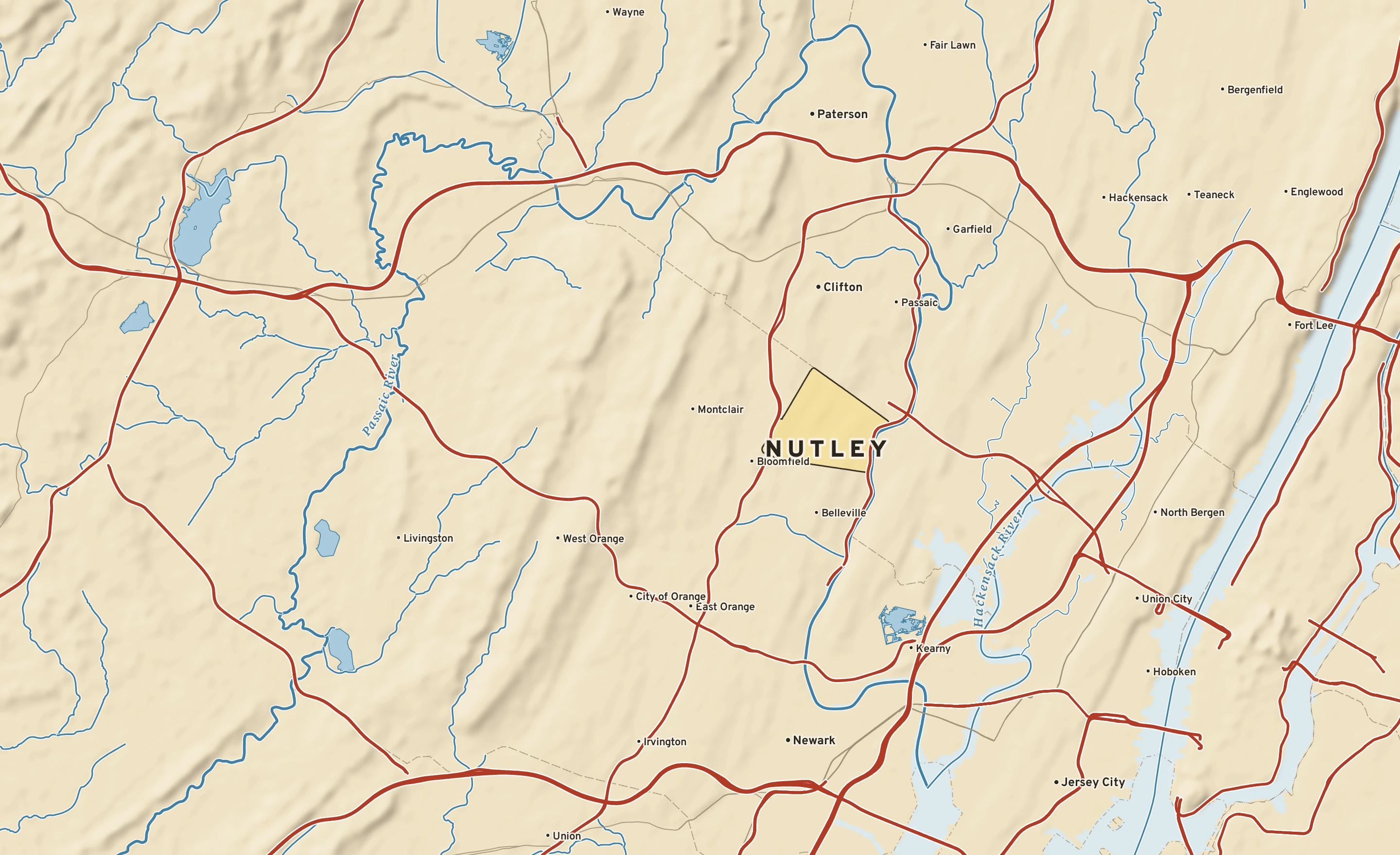 Shaded-relief atlas plate of Nutley, New Jersey: rivers, roads, the city limits and where the water drains.