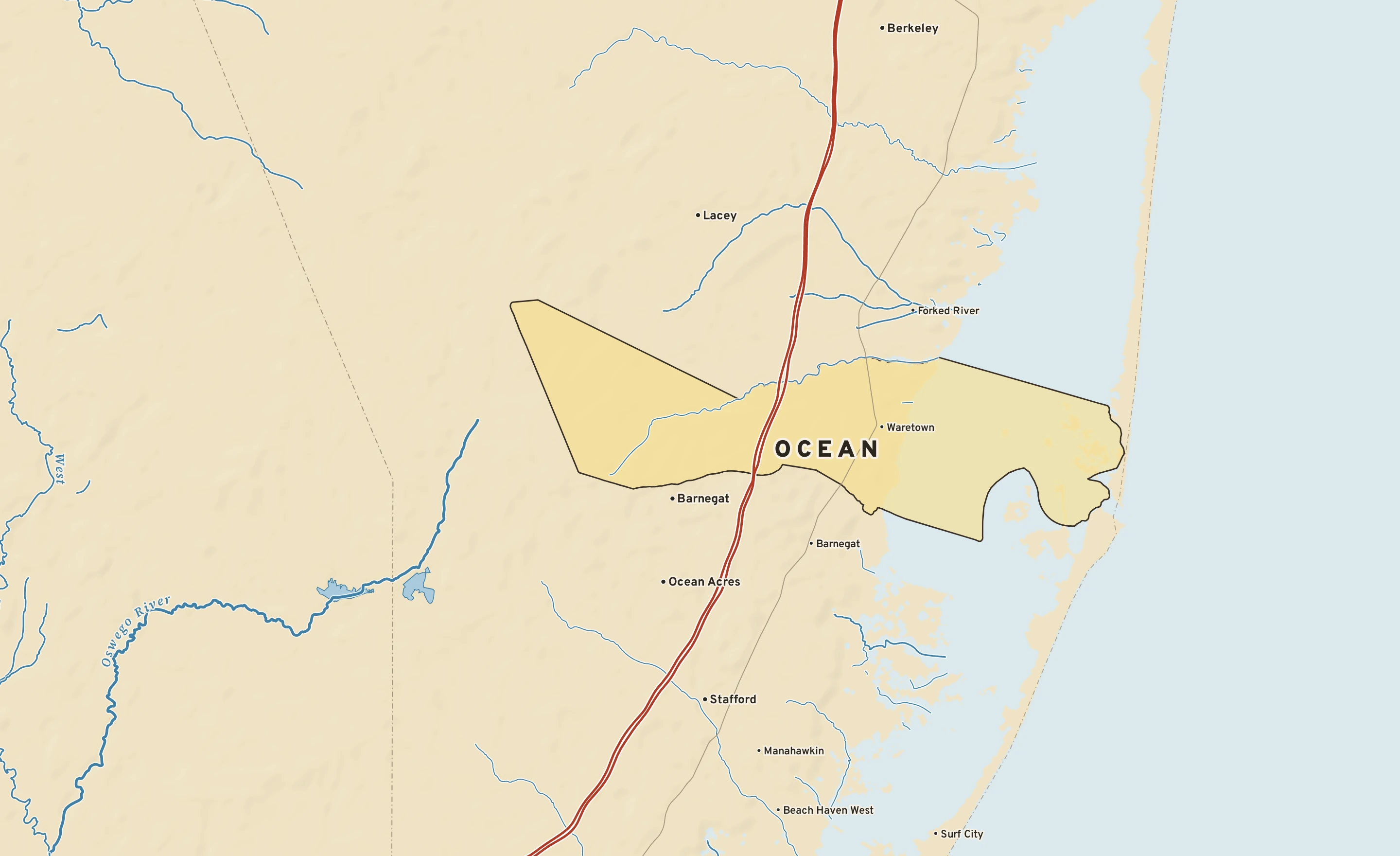 Shaded-relief atlas plate of Ocean, New Jersey: rivers, roads, the city limits and where the water drains.