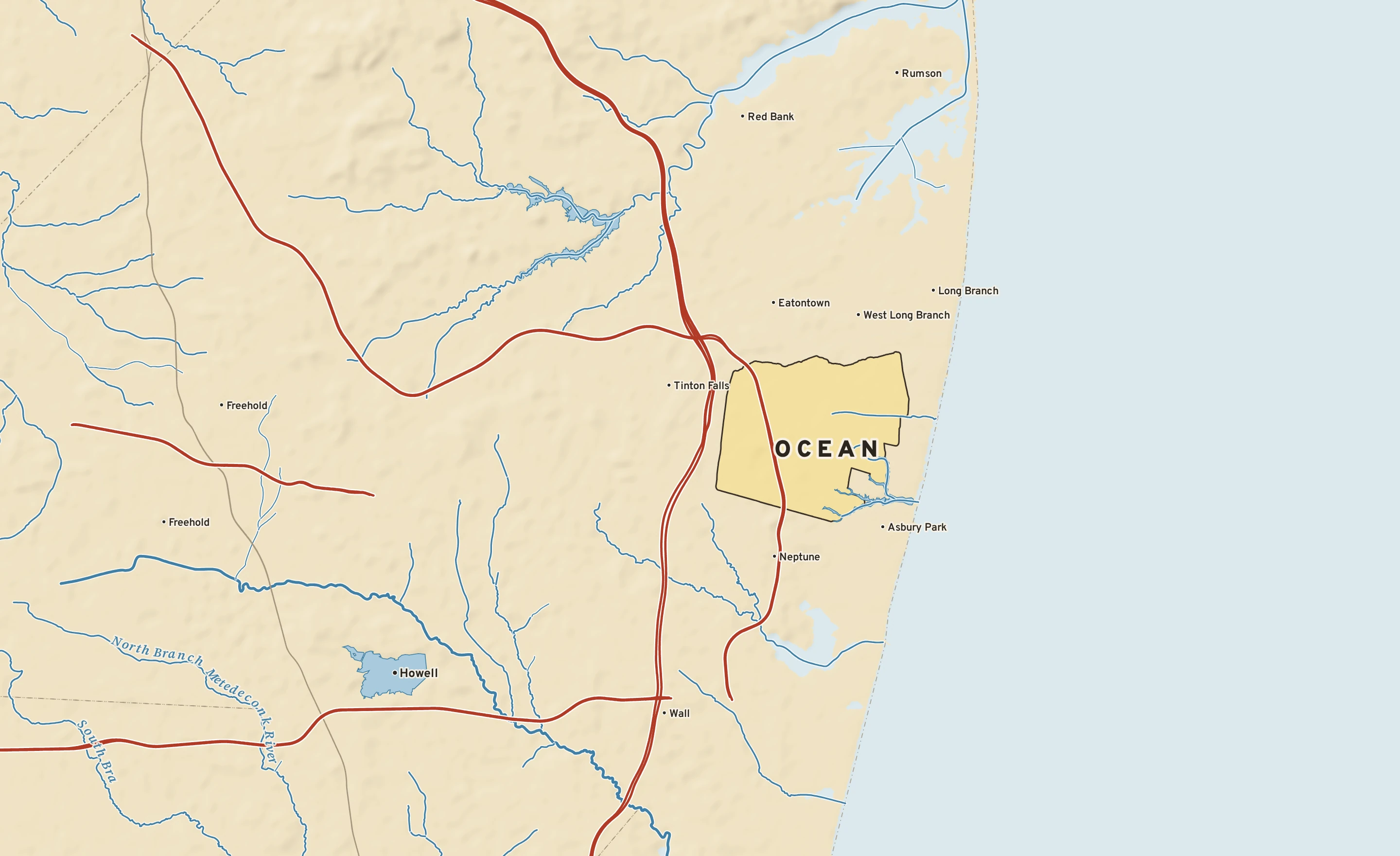 Shaded-relief atlas plate of Ocean, New Jersey: rivers, roads, the city limits and where the water drains.