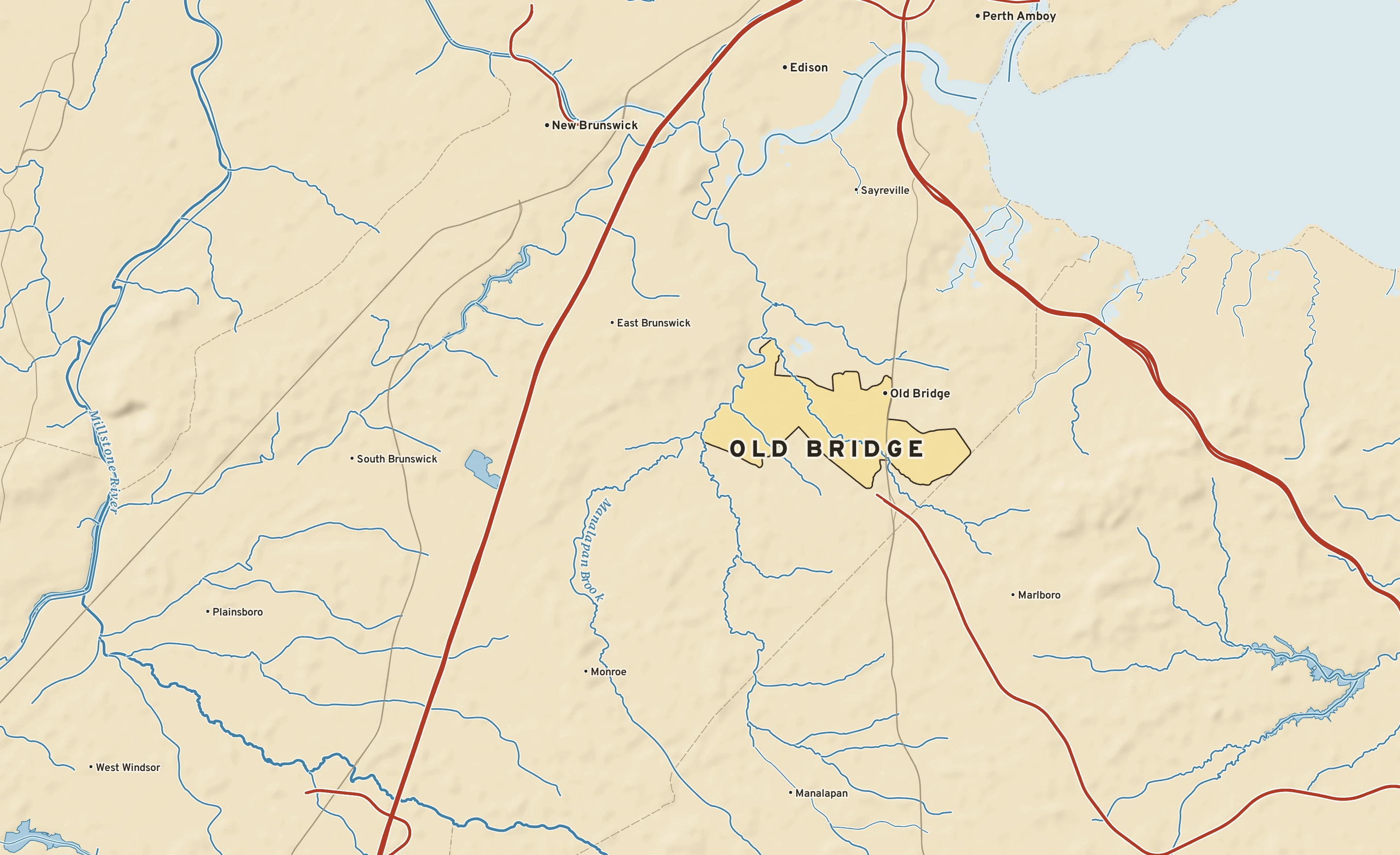 Shaded-relief atlas plate of Old Bridge, New Jersey: rivers, roads, the city limits and where the water drains.