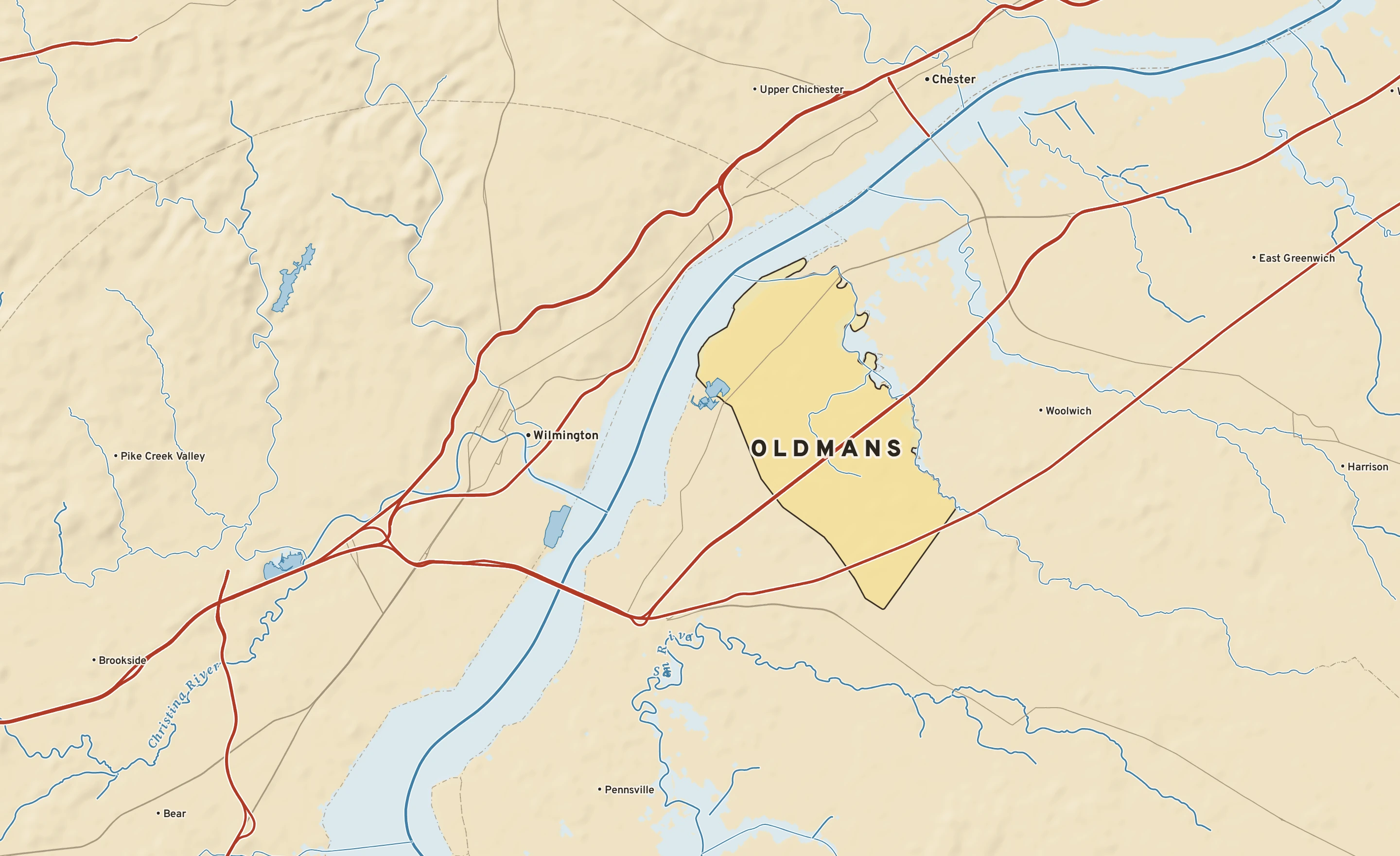 Shaded-relief atlas plate of Oldmans, New Jersey: rivers, roads, the city limits and where the water drains.