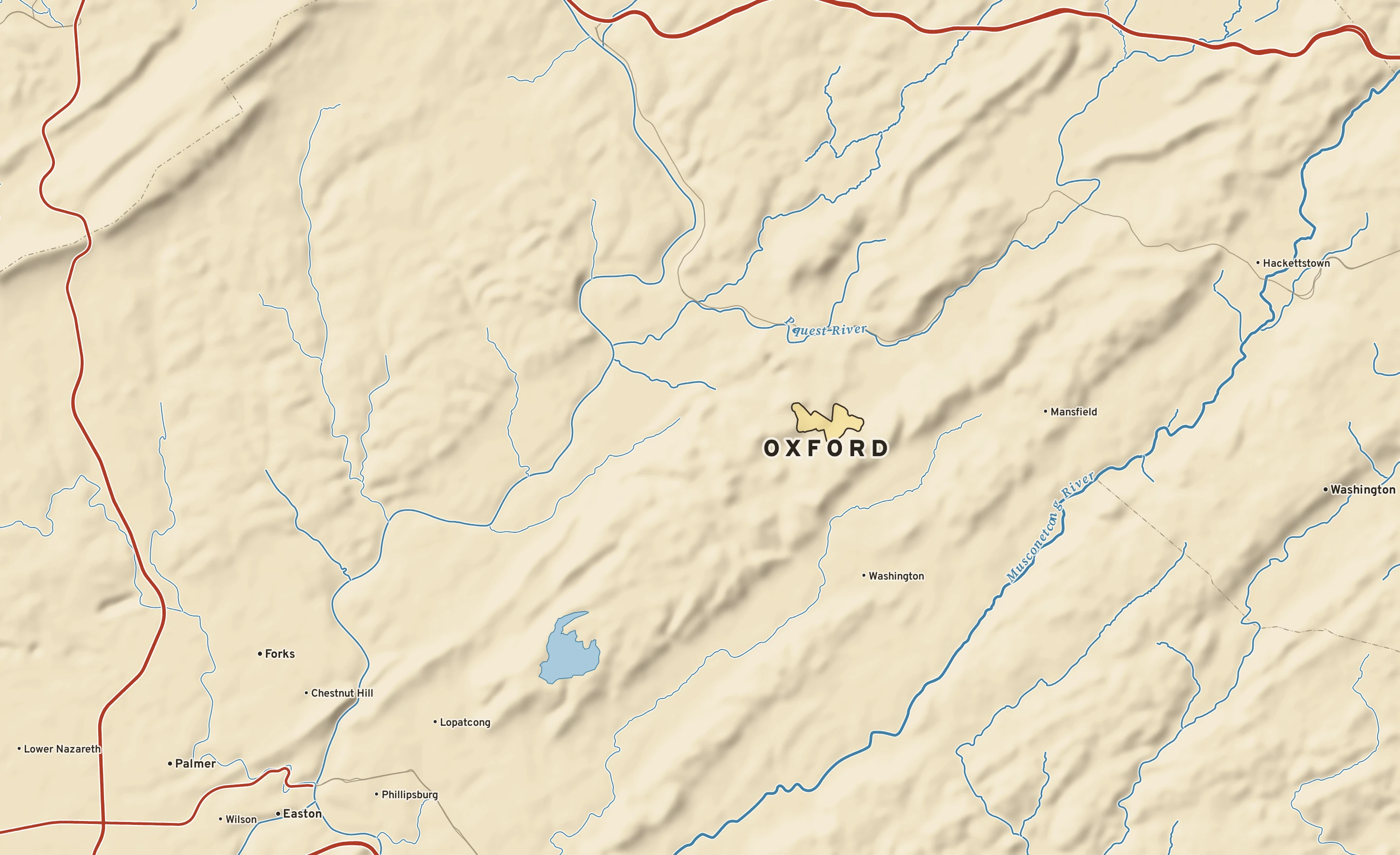 Shaded-relief atlas plate of Oxford, New Jersey: rivers, roads, the city limits and where the water drains.