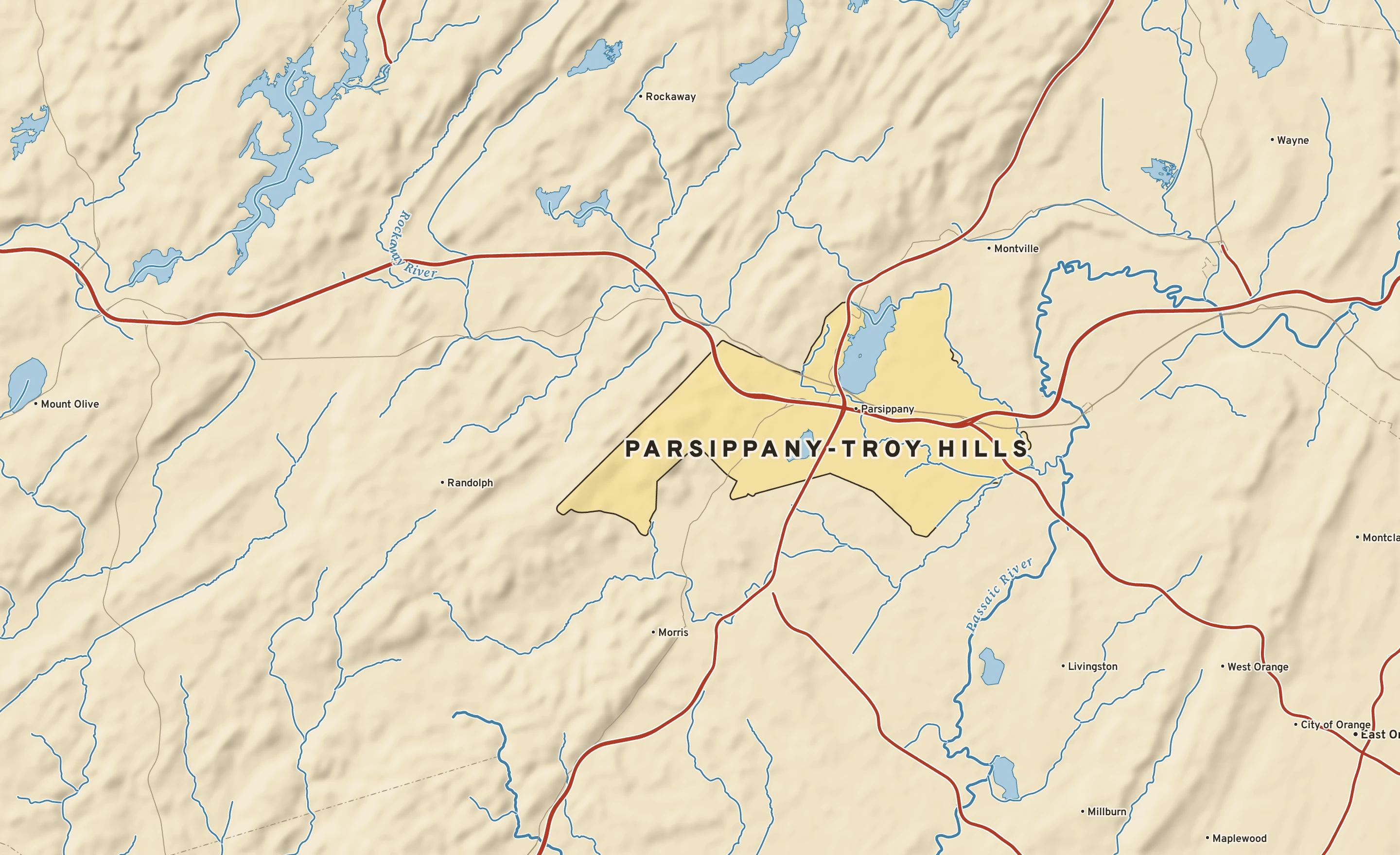 Shaded-relief atlas plate of Parsippany-Troy Hills, New Jersey: rivers, roads, the city limits and where the water drains.