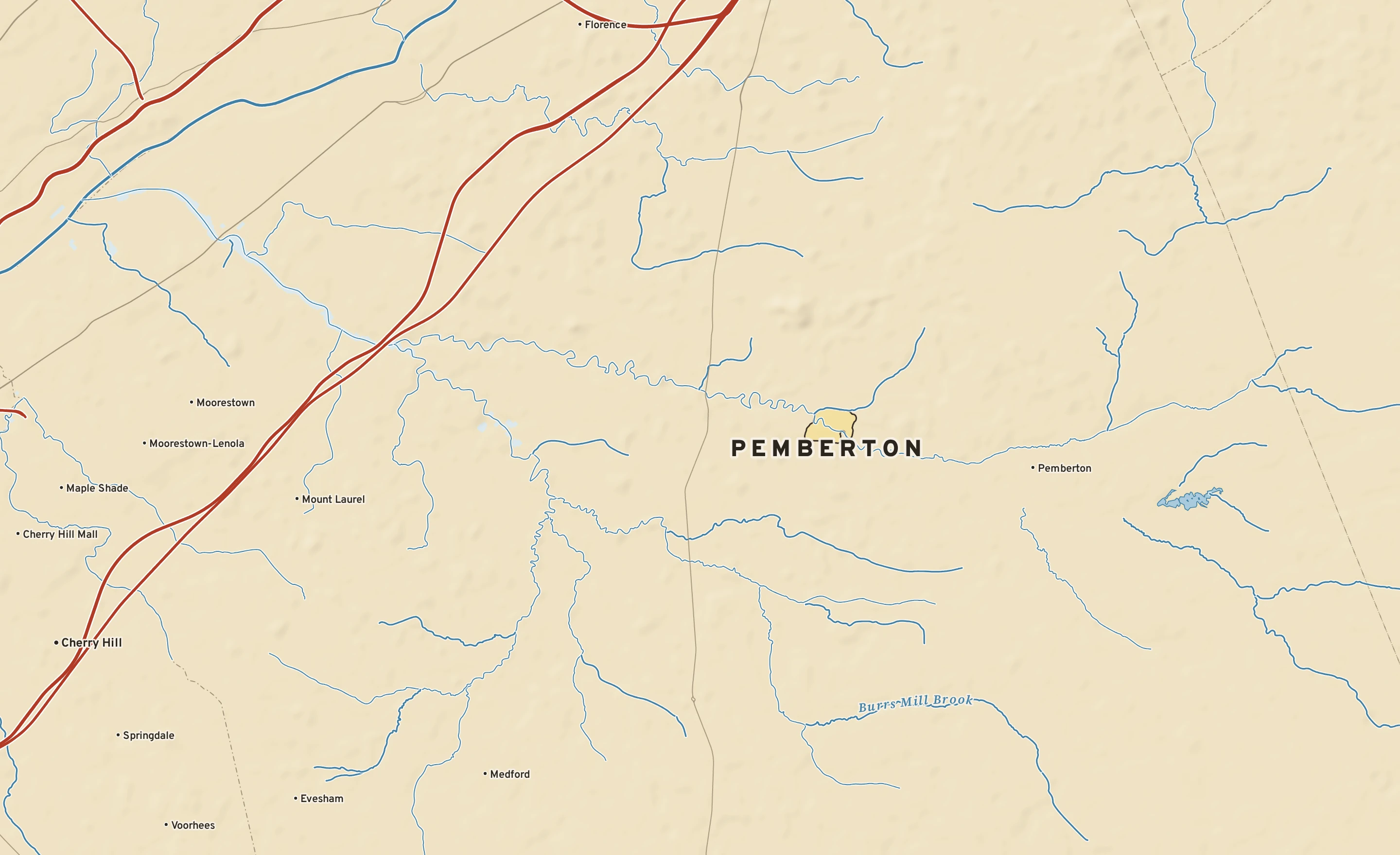 Shaded-relief atlas plate of Pemberton, New Jersey: rivers, roads, the city limits and where the water drains.