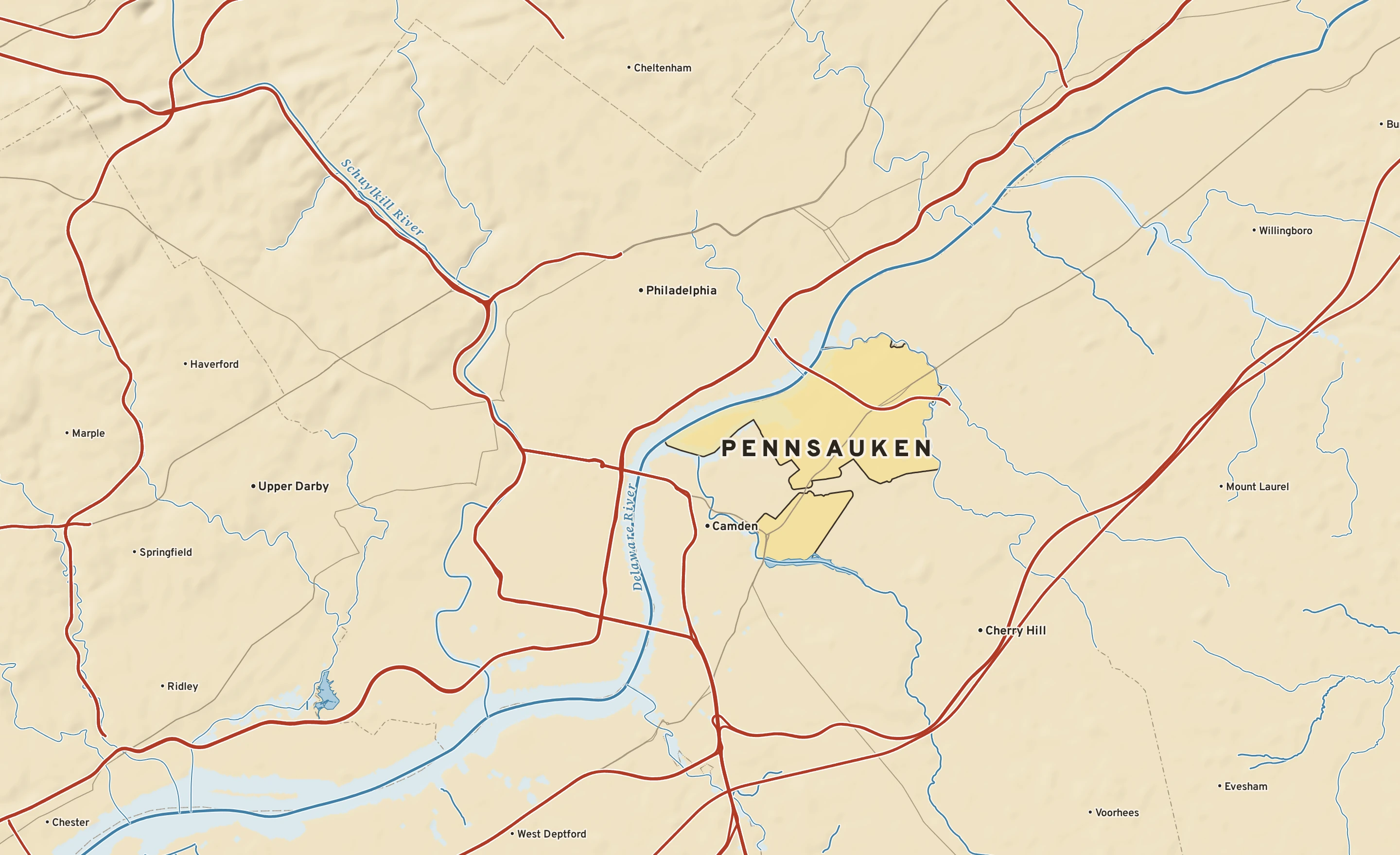 Shaded-relief atlas plate of Pennsauken, New Jersey: rivers, roads, the city limits and where the water drains.