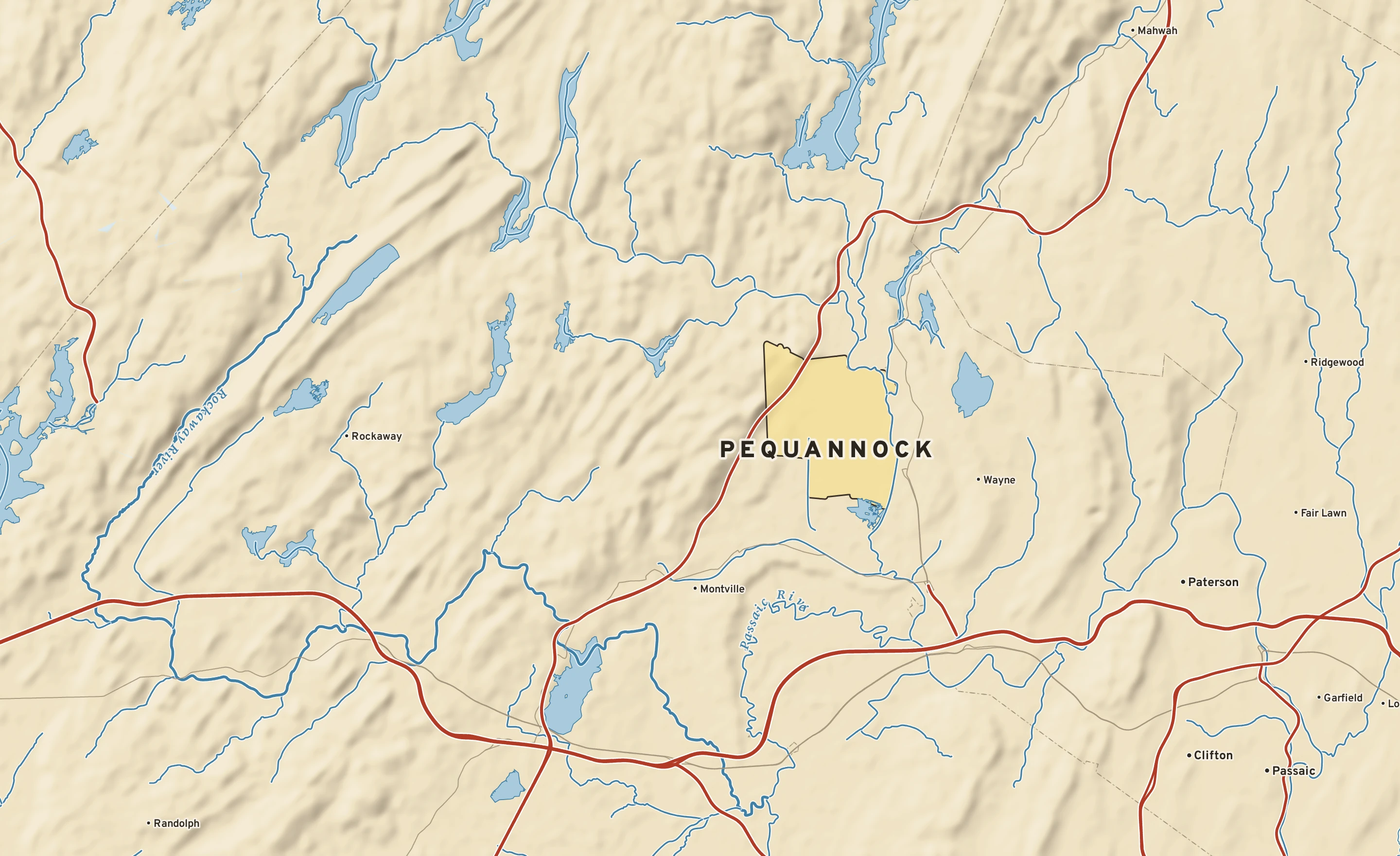 Shaded-relief atlas plate of Pequannock, New Jersey: rivers, roads, the city limits and where the water drains.