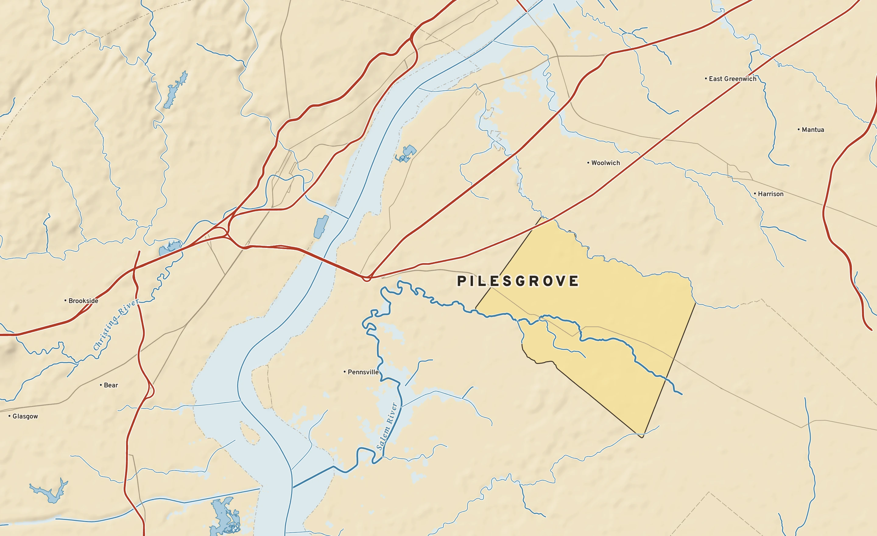 Shaded-relief atlas plate of Pilesgrove, New Jersey: rivers, roads, the city limits and where the water drains.