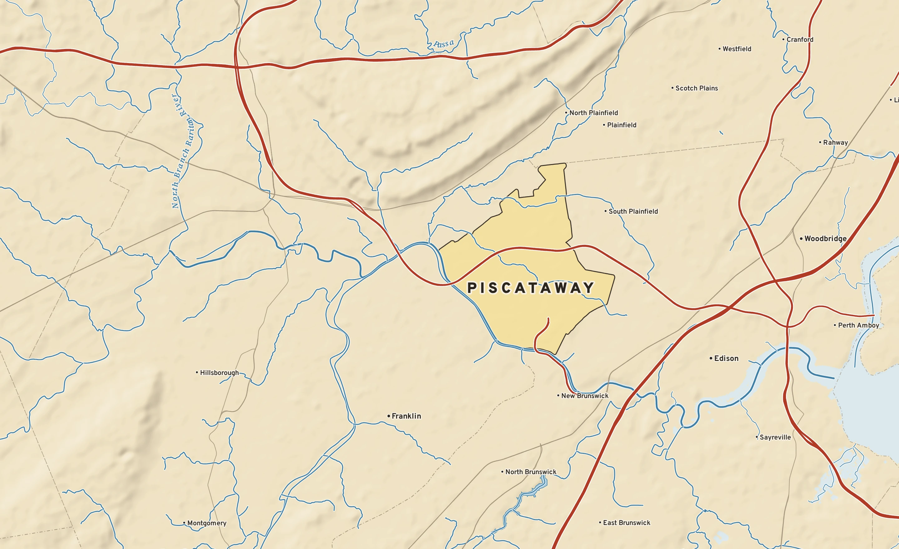 Shaded-relief atlas plate of Piscataway, New Jersey: rivers, roads, the city limits and where the water drains.