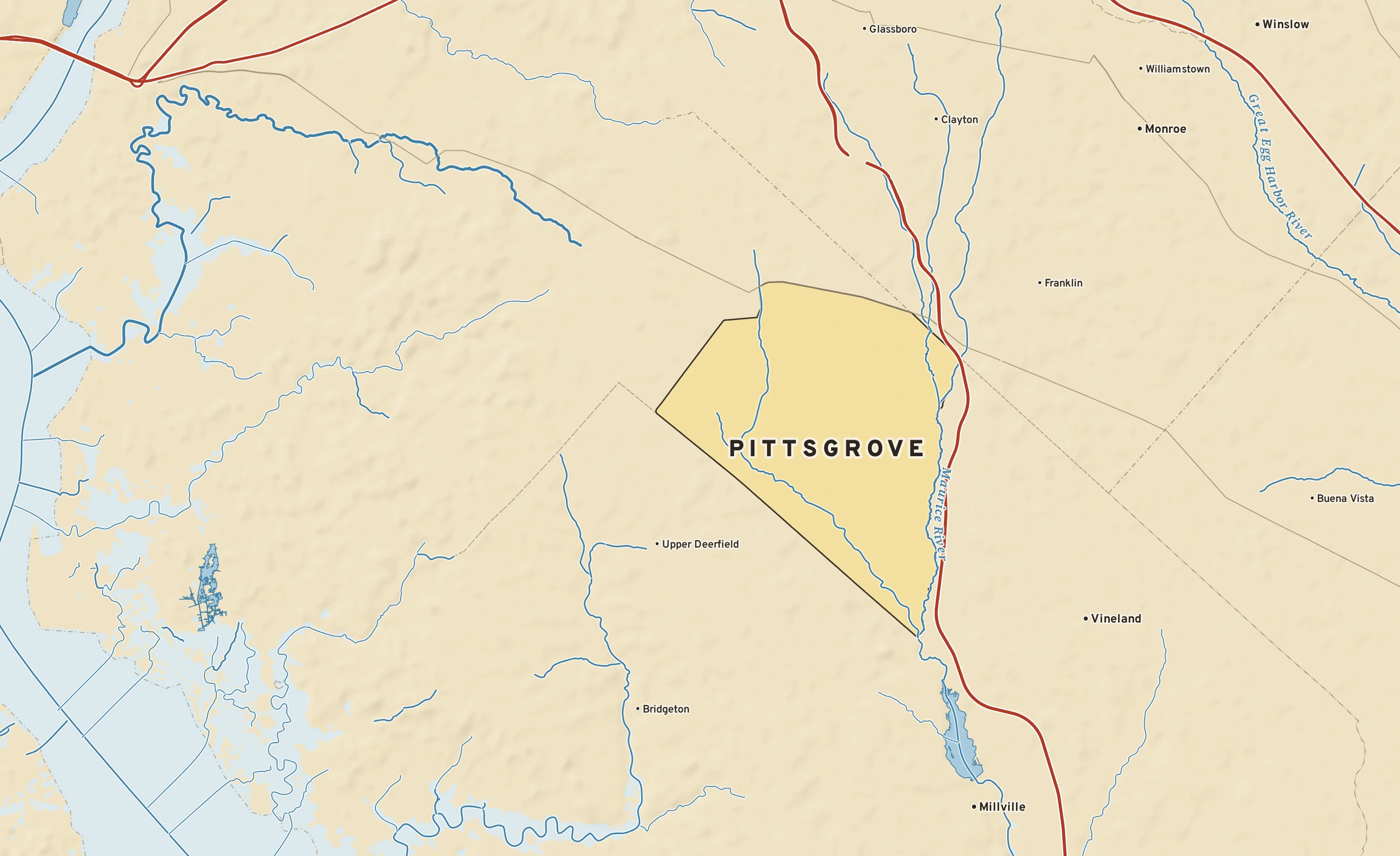 Shaded-relief atlas plate of Pittsgrove, New Jersey: rivers, roads, the city limits and where the water drains.