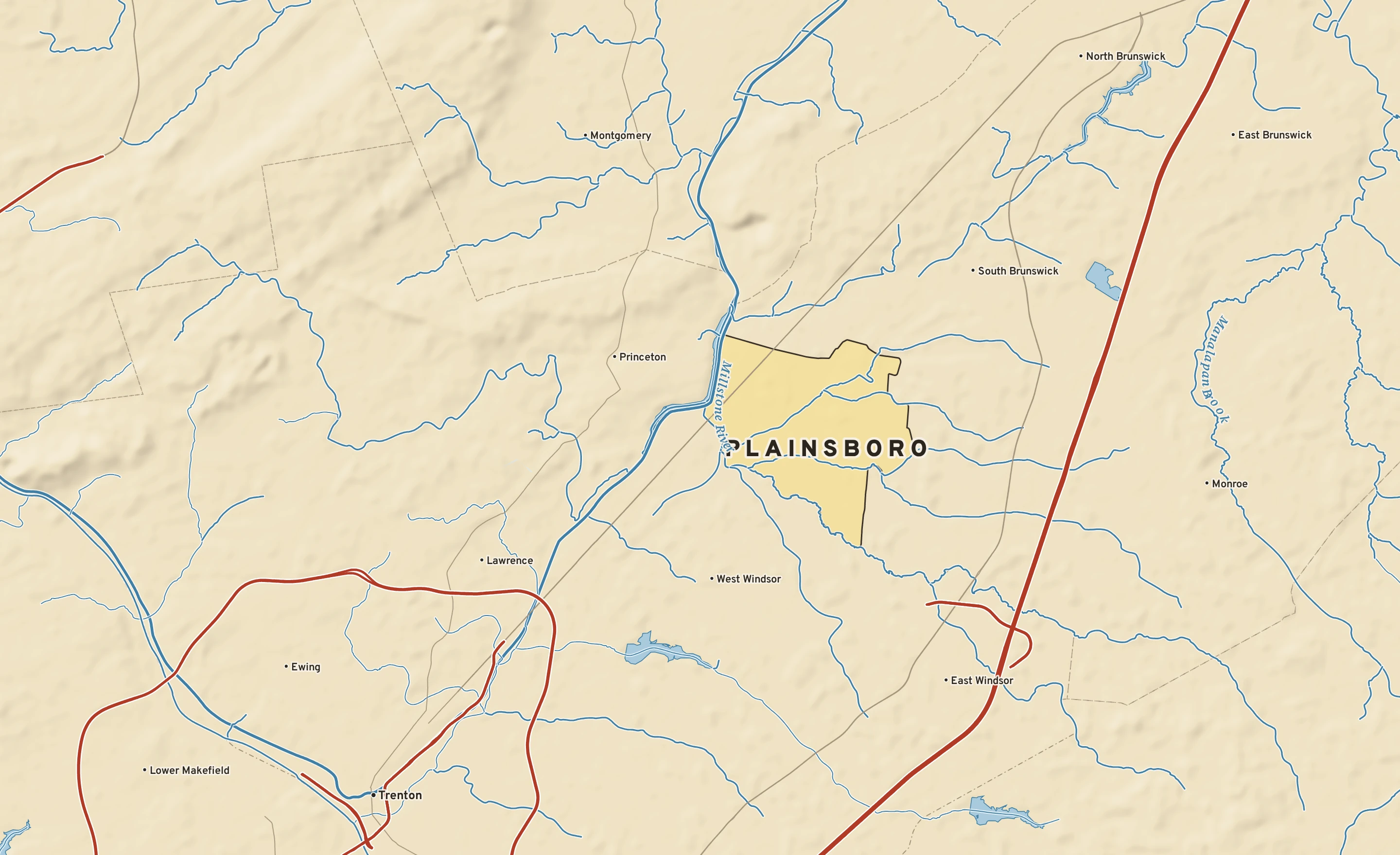 Shaded-relief atlas plate of Plainsboro, New Jersey: rivers, roads, the city limits and where the water drains.