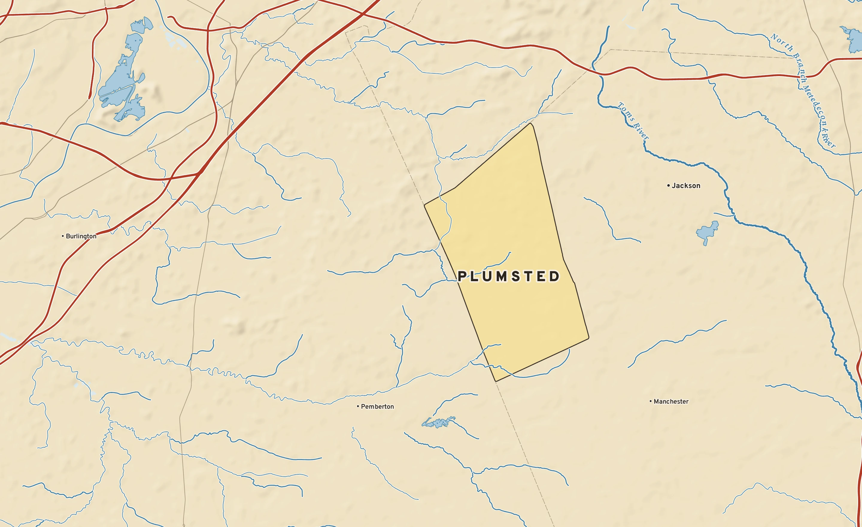 Shaded-relief atlas plate of Plumsted, New Jersey: rivers, roads, the city limits and where the water drains.