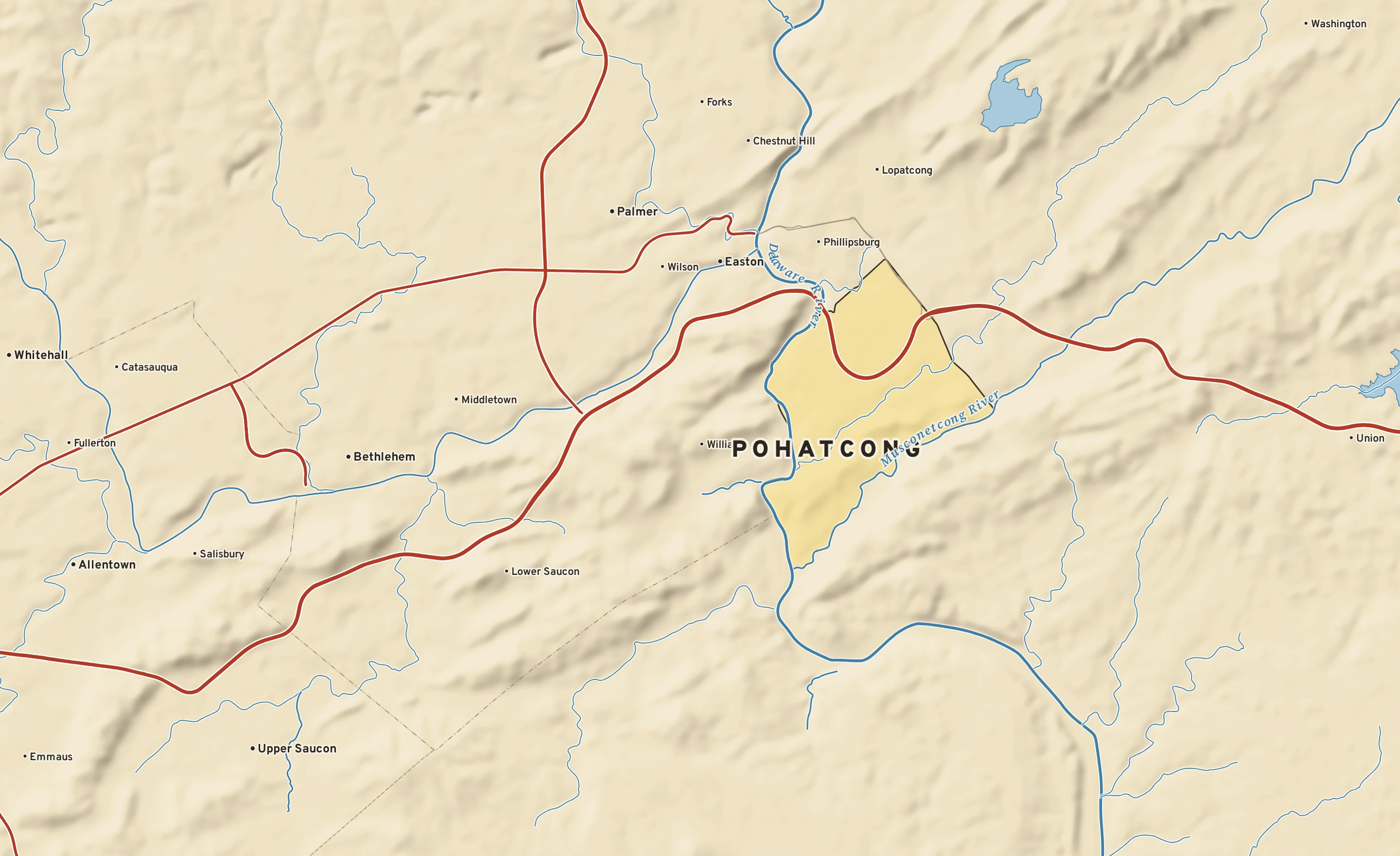 Shaded-relief atlas plate of Pohatcong, New Jersey: rivers, roads, the city limits and where the water drains.