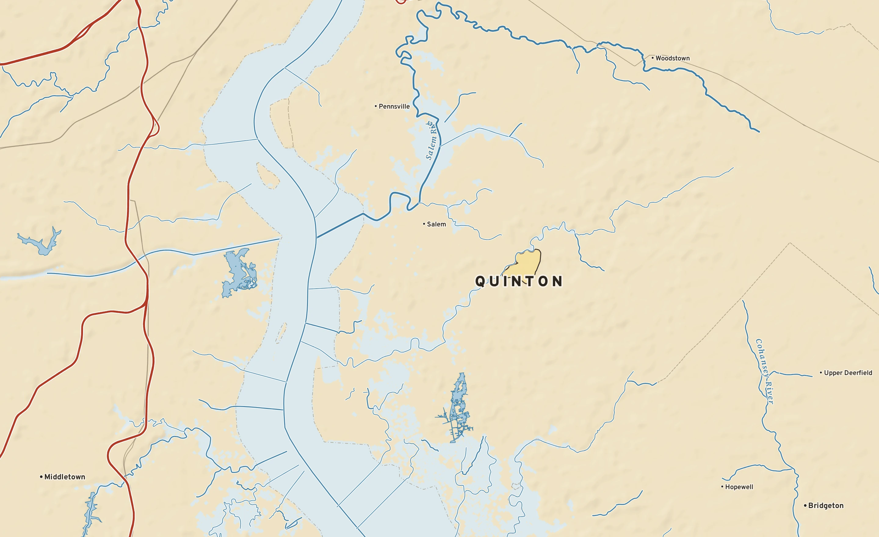 Shaded-relief atlas plate of Quinton, New Jersey: rivers, roads, the city limits and where the water drains.