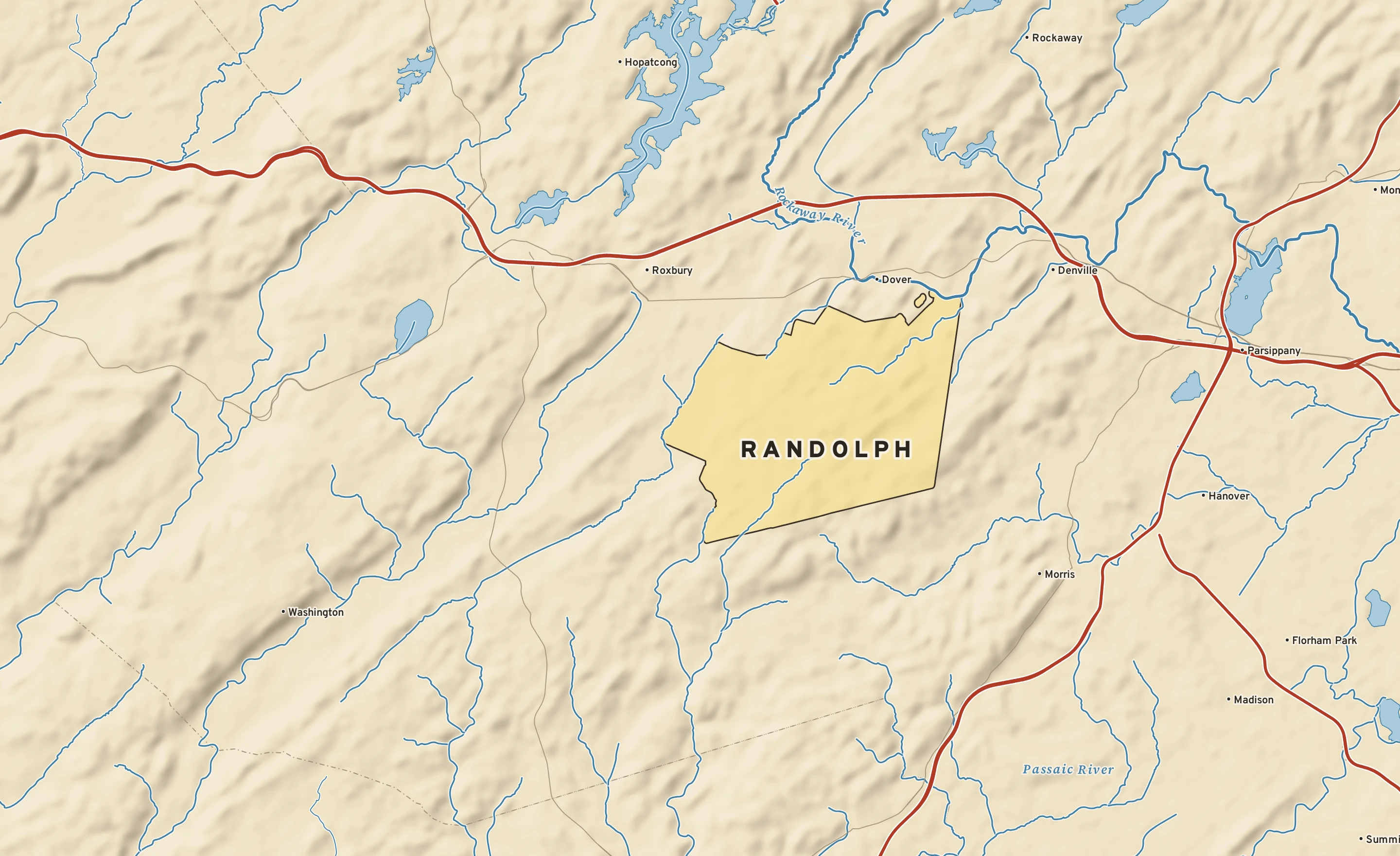 Shaded-relief atlas plate of Randolph, New Jersey: rivers, roads, the city limits and where the water drains.
